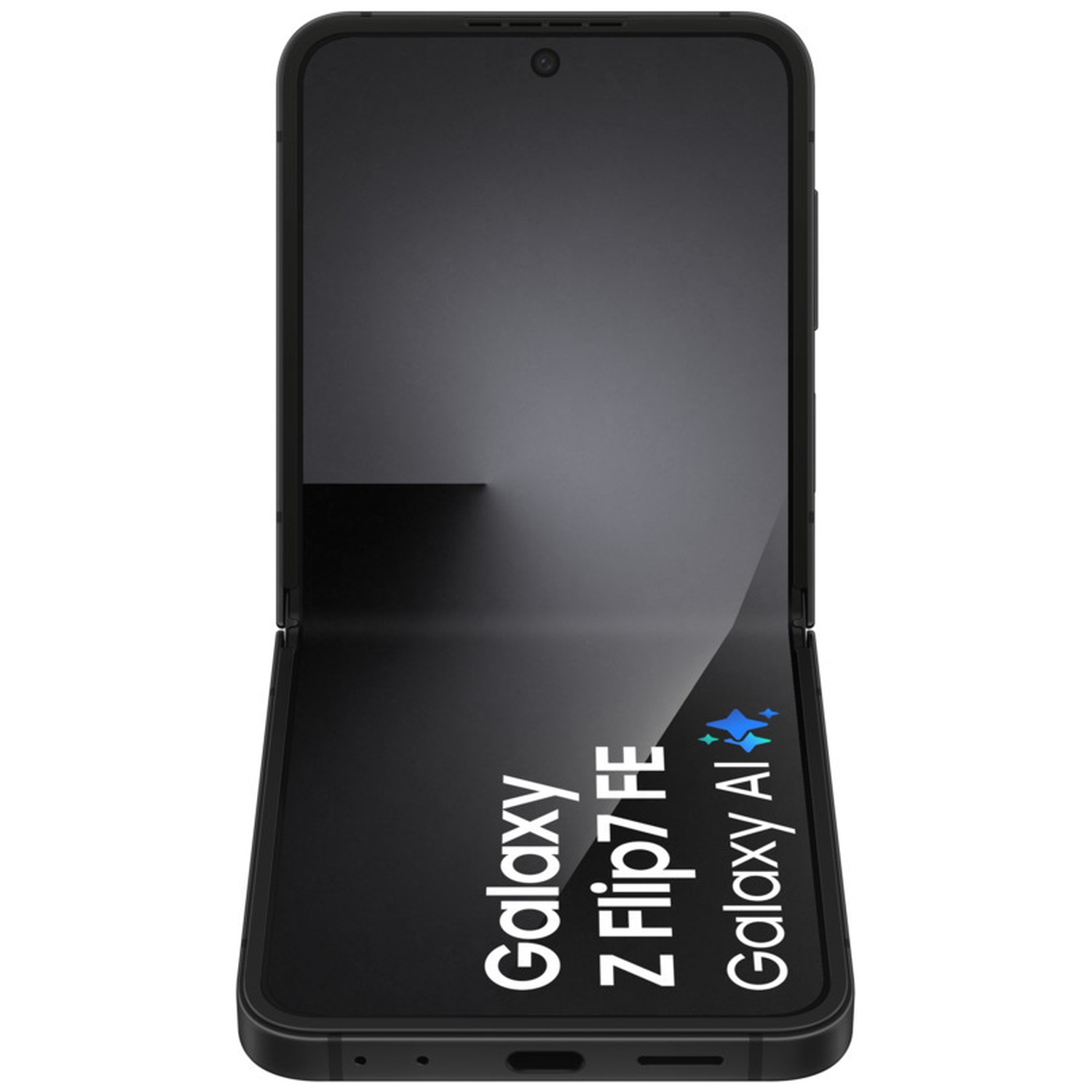 Black foldable phone, open, showing 'Galaxy Z Flip7 FE Galaxy AI' text.
