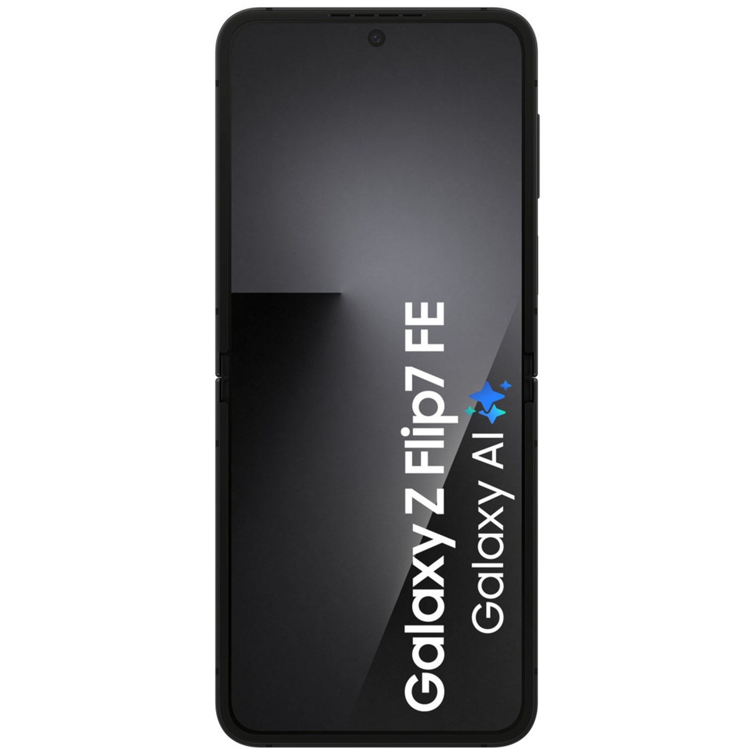 Black smartphone, open, displays 'Galaxy Z Flip7 FE' and 'Galaxy AI'.