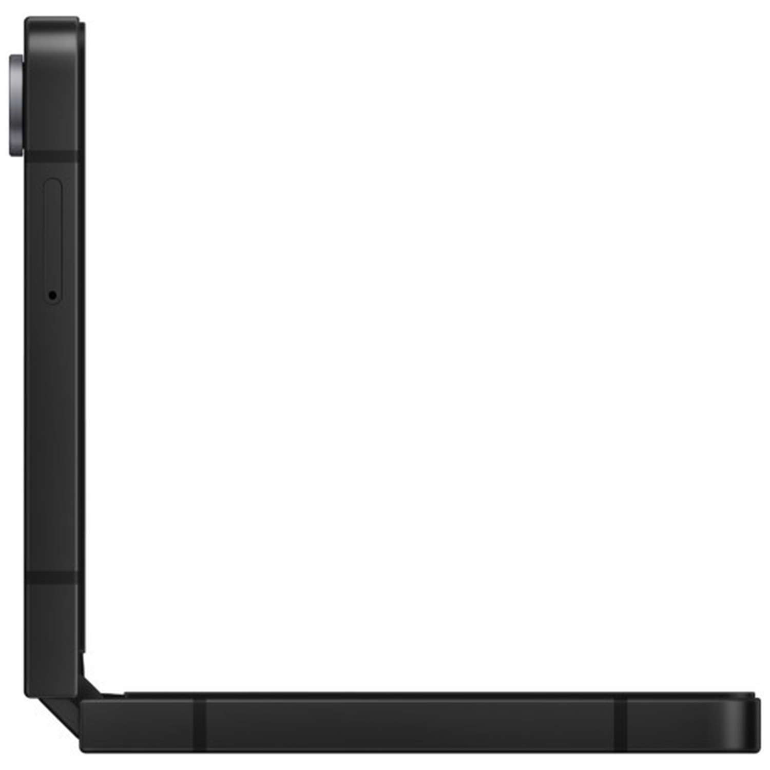 Black flip phone in an L-shape, side view.