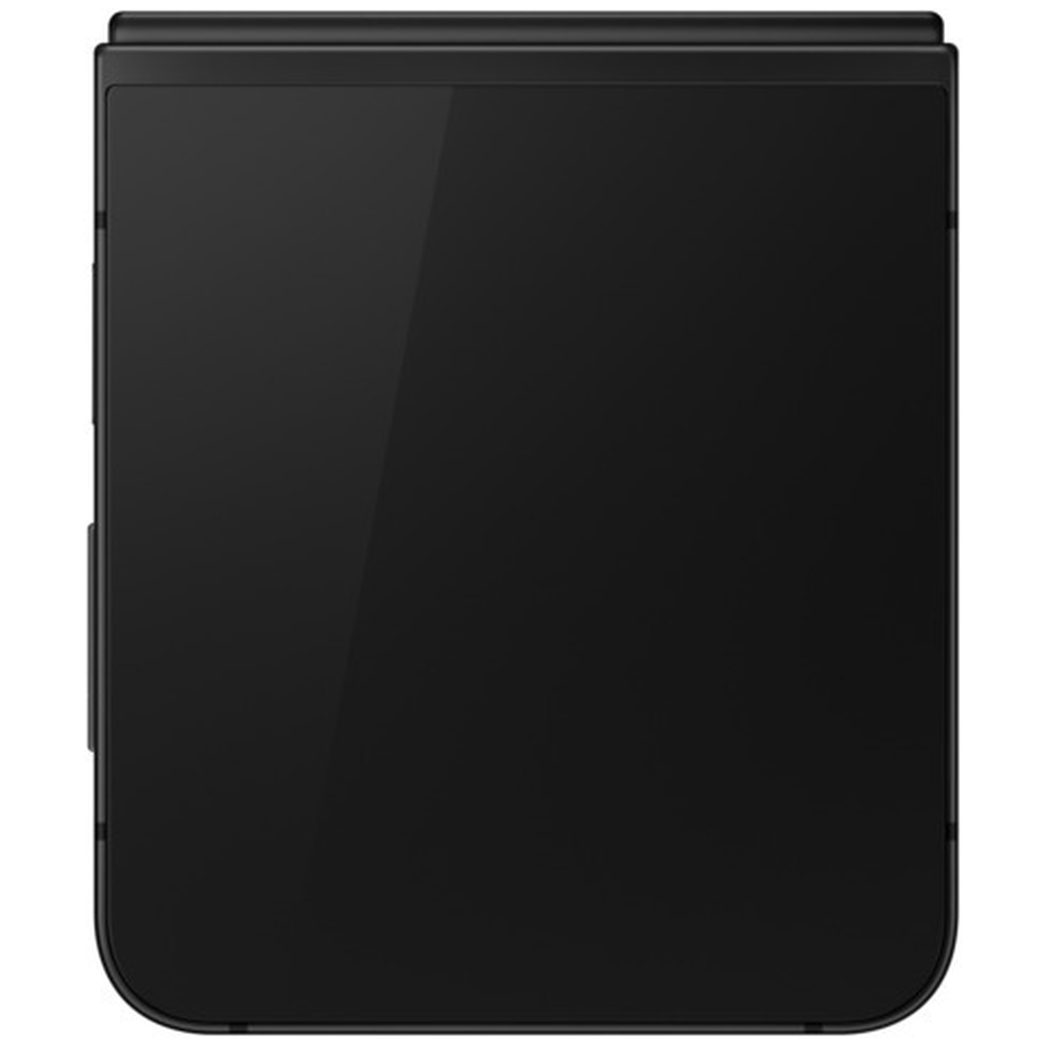 Closed black foldable smartphone with a smooth surface and rounded corners.