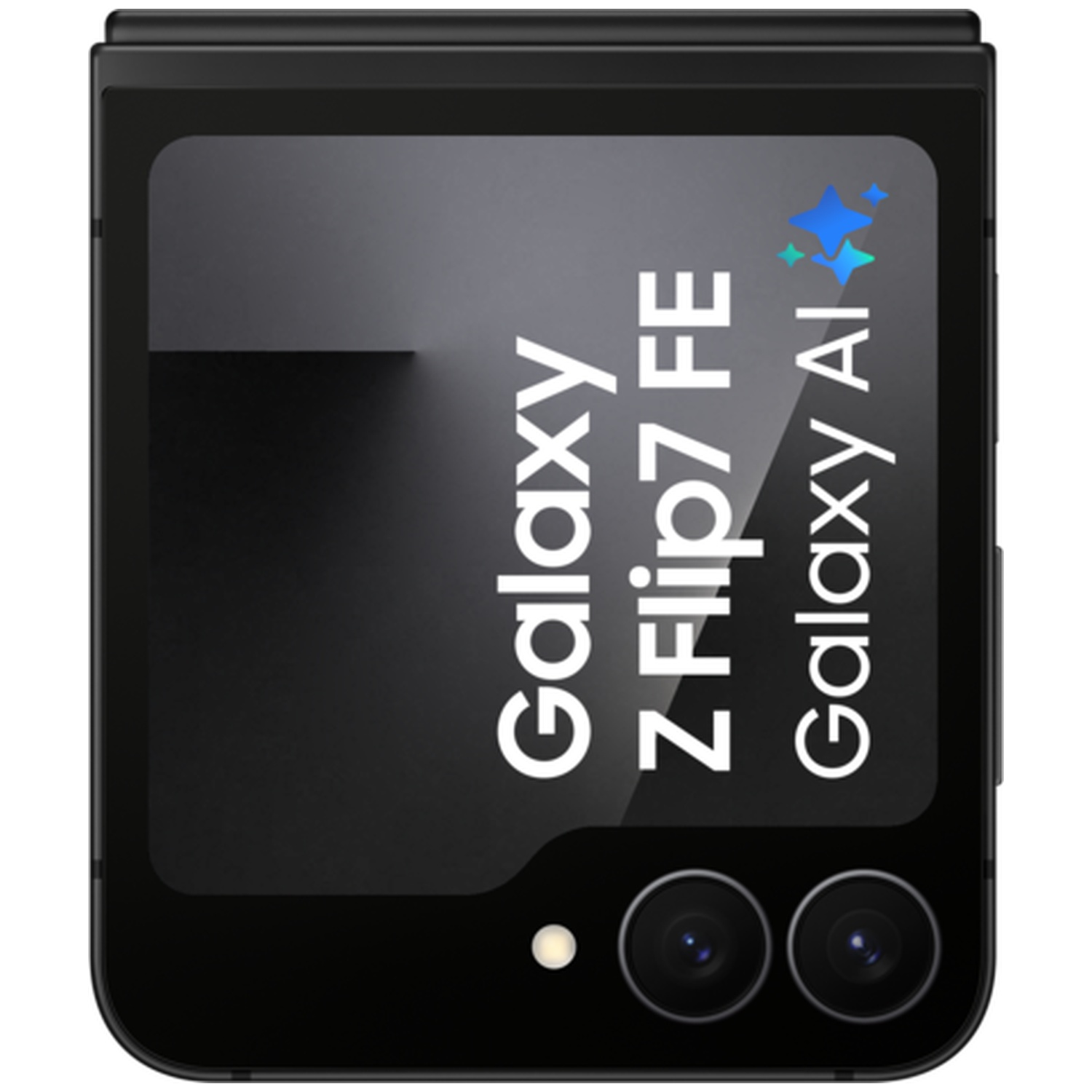 Black flip phone with "Galaxy Z Flip7 FE" and "Galaxy AI" text.