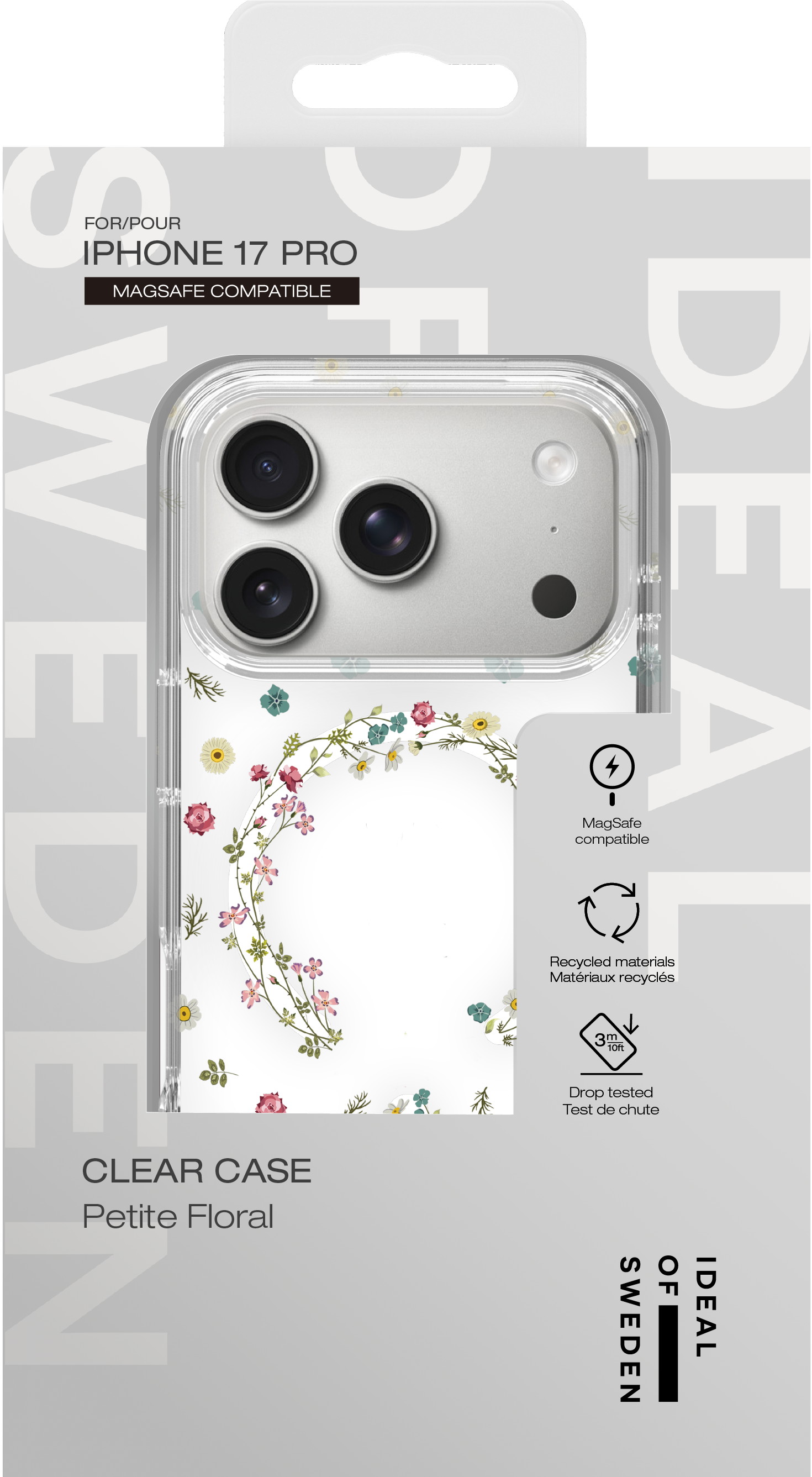 Klare iPhone 17 Pro Hülle mit zartem Blumenmuster, MagSafe-kompatibel.