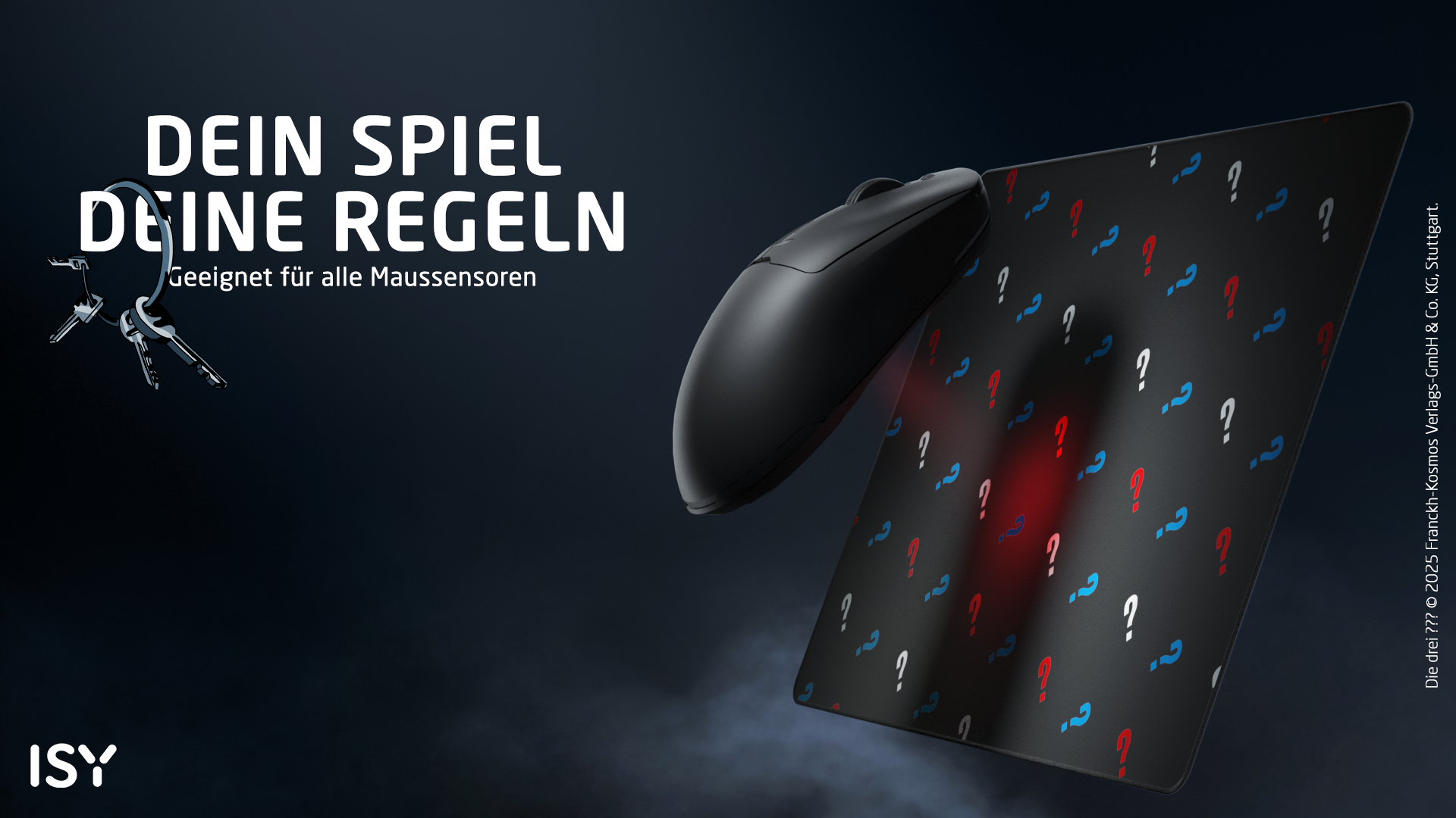 Schwarze Maus auf Mauspad mit Fragezeichen. "DEIN SPIEL DEINE REGELN".