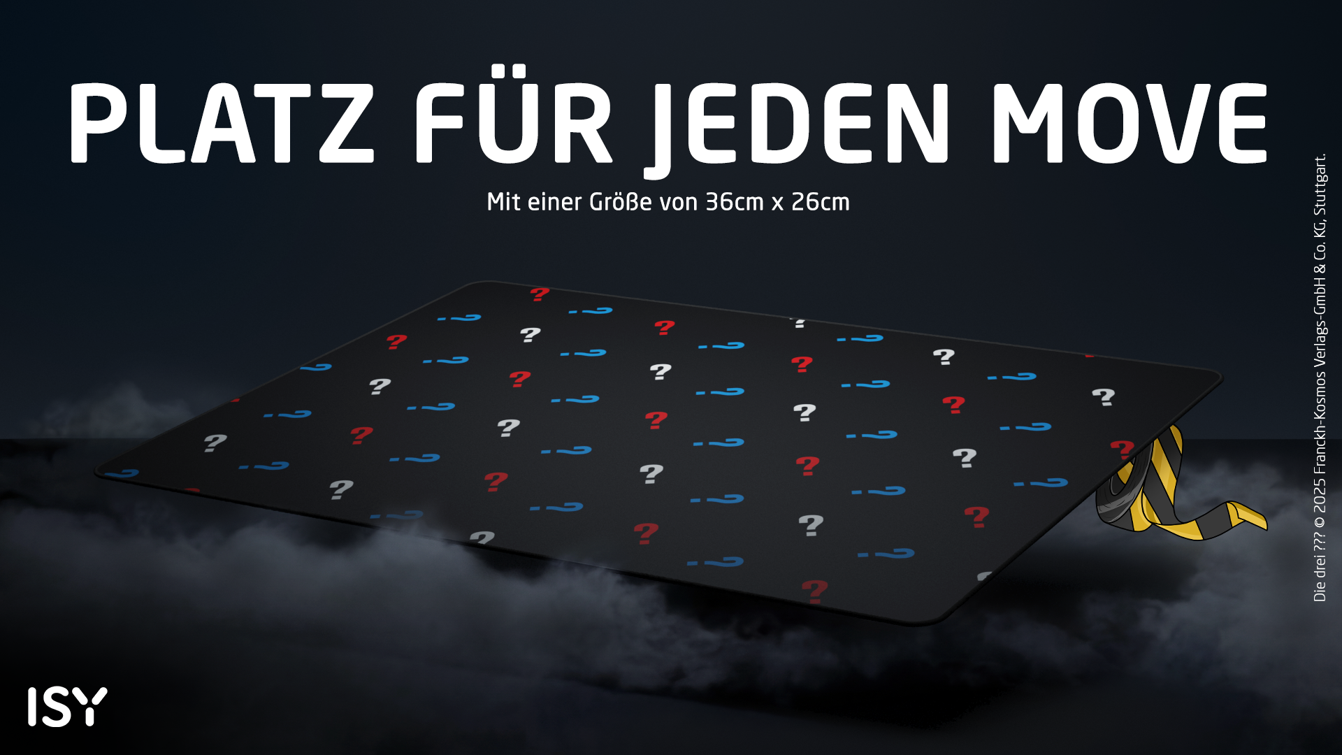Schwarzes Spielbrett mit roten, blauen und weißen Fragezeichen sowie dem ISY-Logo.