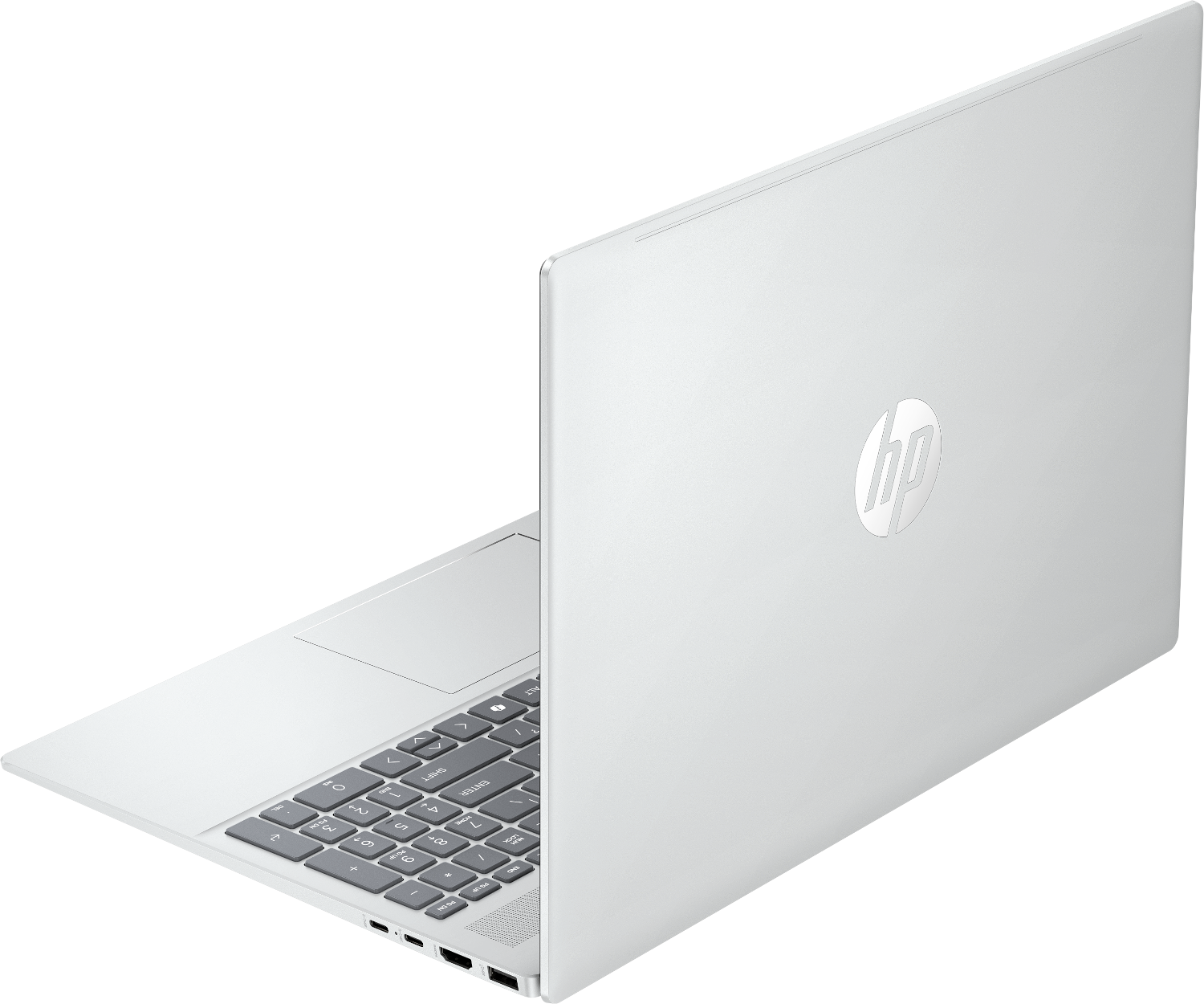 A white HP laptop showing its keyboard, touchpad, and HP logo.