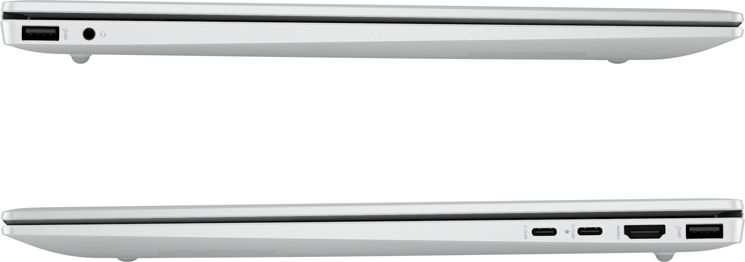 Side view of a white laptop showing ports. Left: USB, audio. Right: USB-C, HDMI.