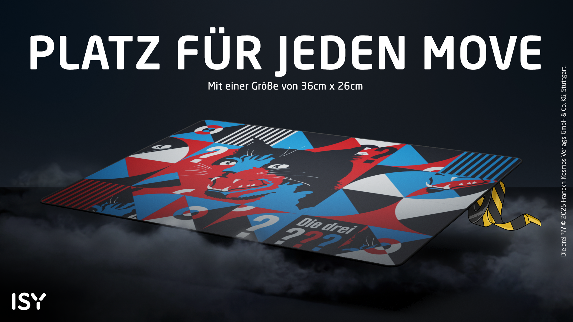 Eine Mousepad mit einem roten, blauen und schwarzen Wolfskopf-Design.