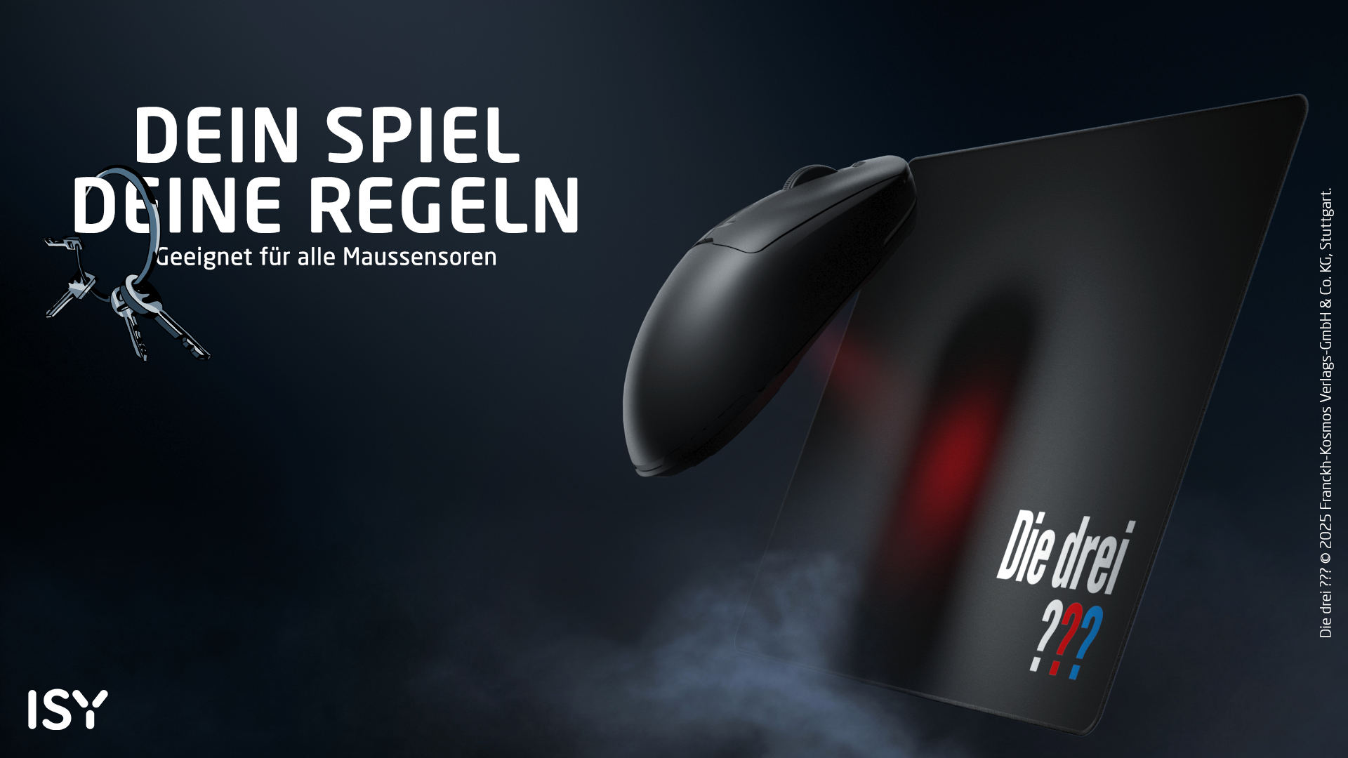 Schwarze Maus auf einer Mausmatte mit "Die drei ???