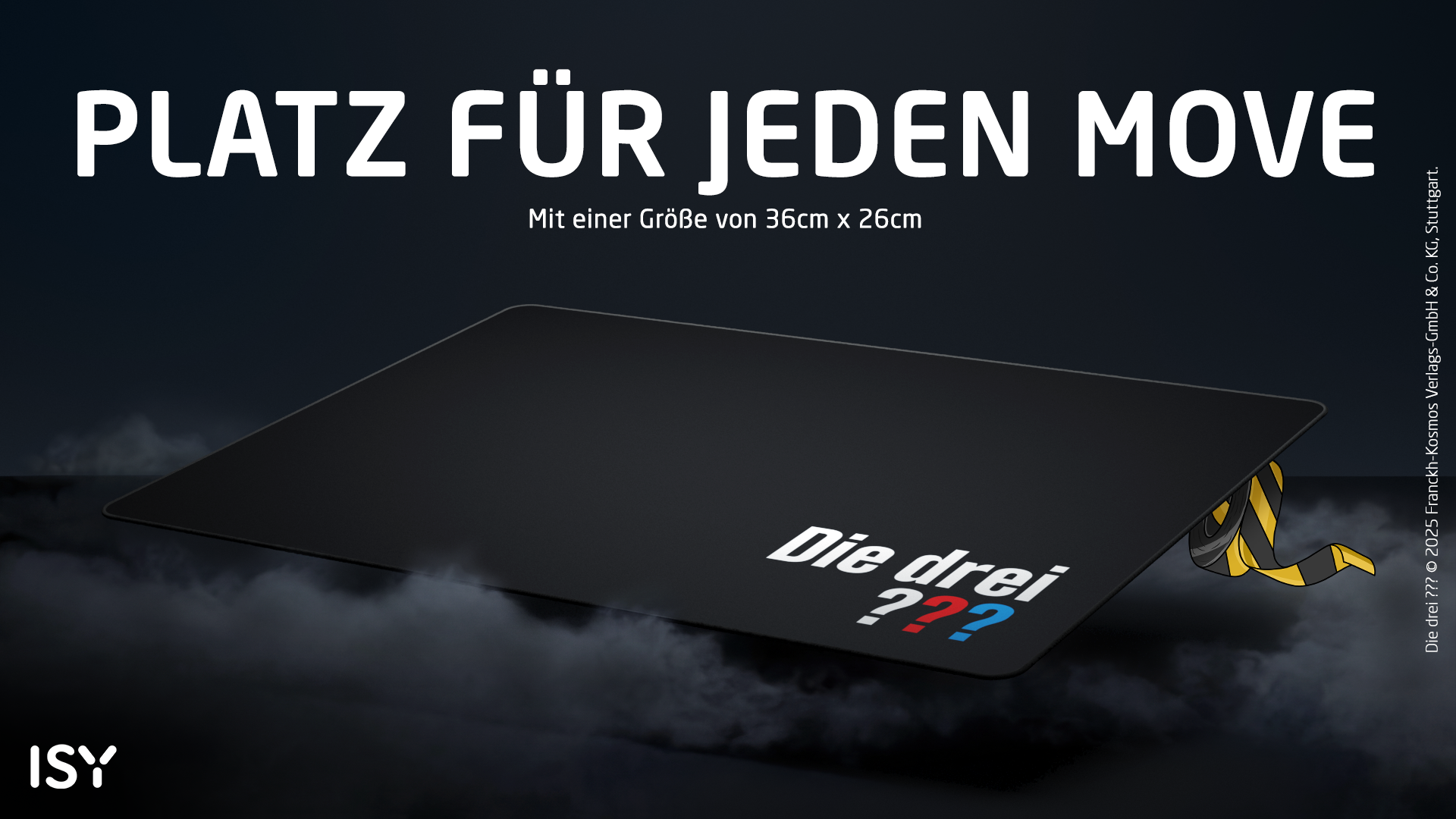 Schwarzes Mauspad mit "Die drei ??" Logo, für jeden Move.