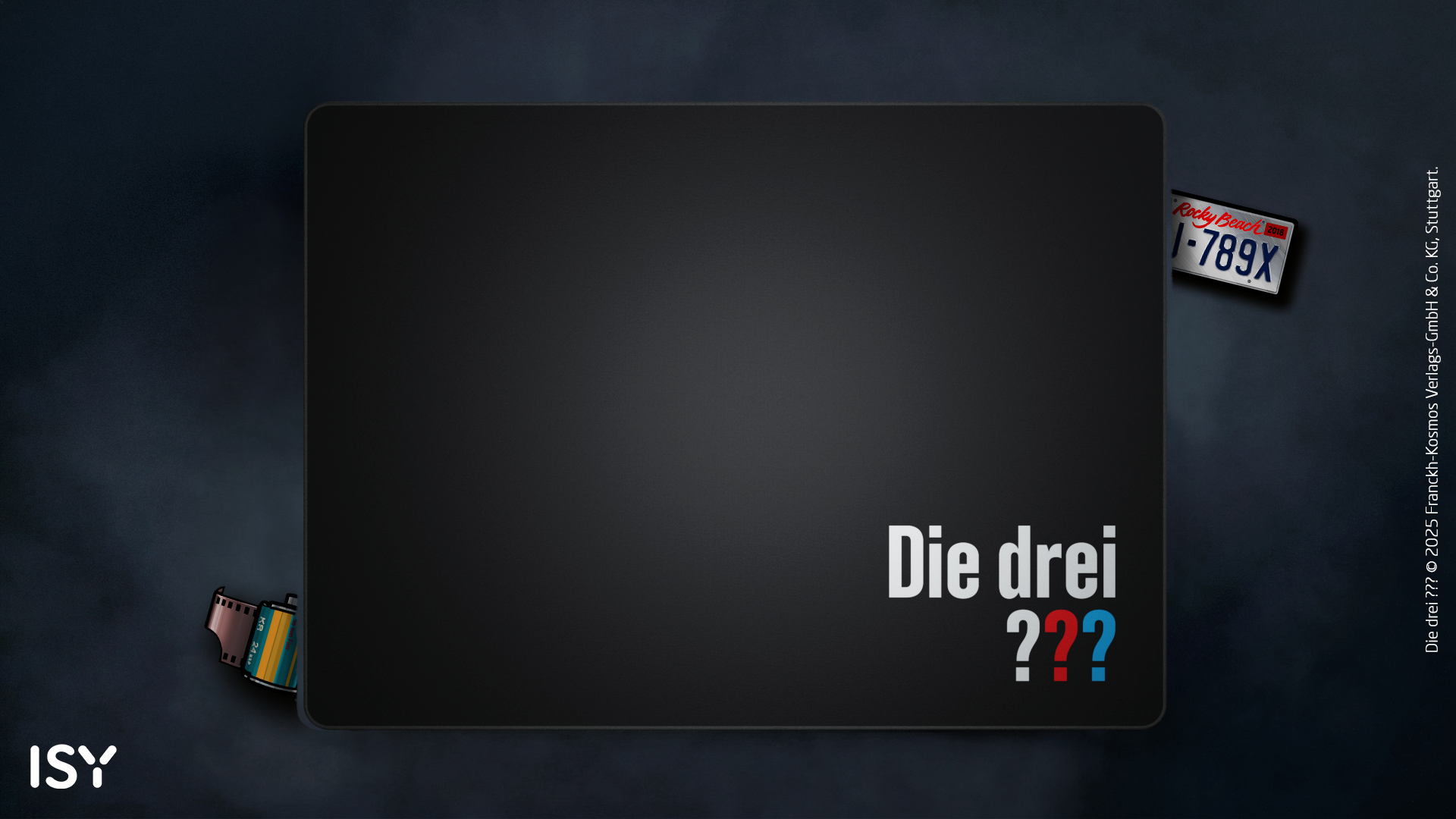 Schwarzer Mauspad mit "Die drei ???" Logo, Filmrolle und Nummernschild.
