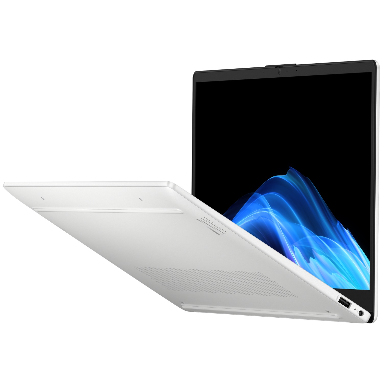 An open white laptop displaying a blue wave pattern on its screen.