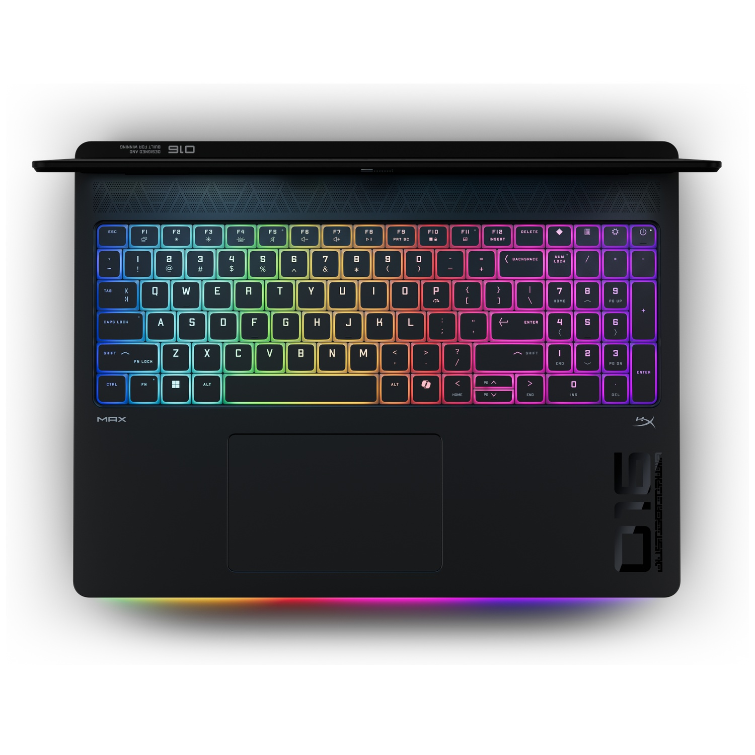 Black laptop with RGB backlit keyboard and "MAX" logo.
