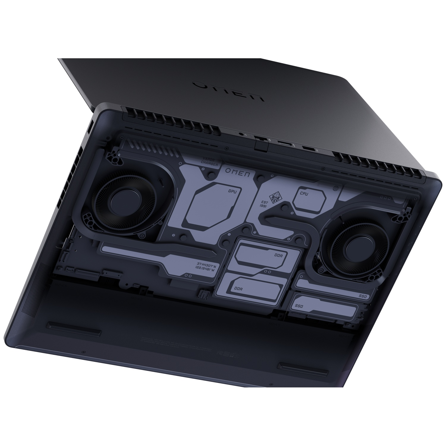 Open laptop showing internal cooling, fans, CPU, GPU, and SSD components.