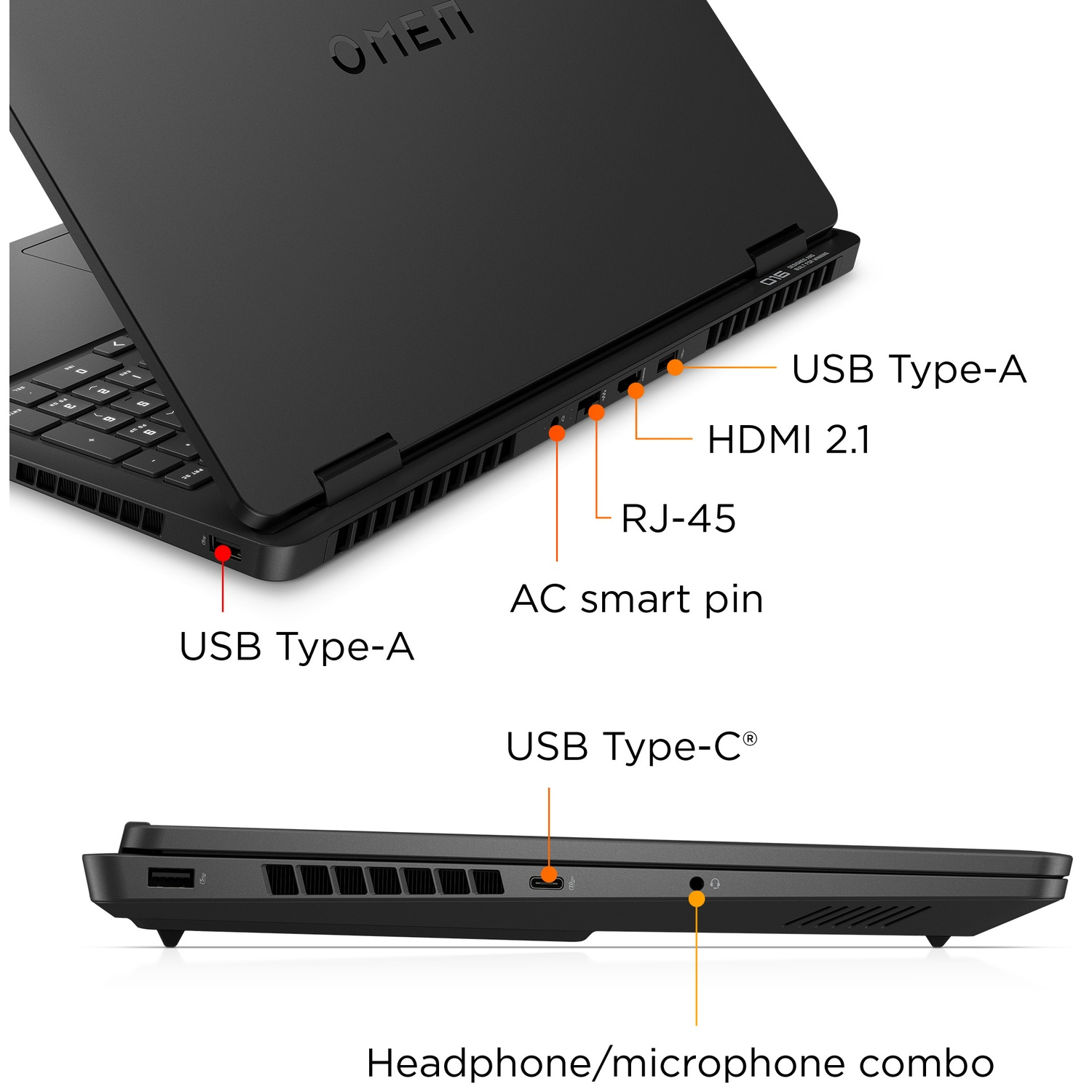 Black laptop with ports: USB-A, HDMI 2.1, RJ-45, AC, USB-C, headphone/mic combo.
