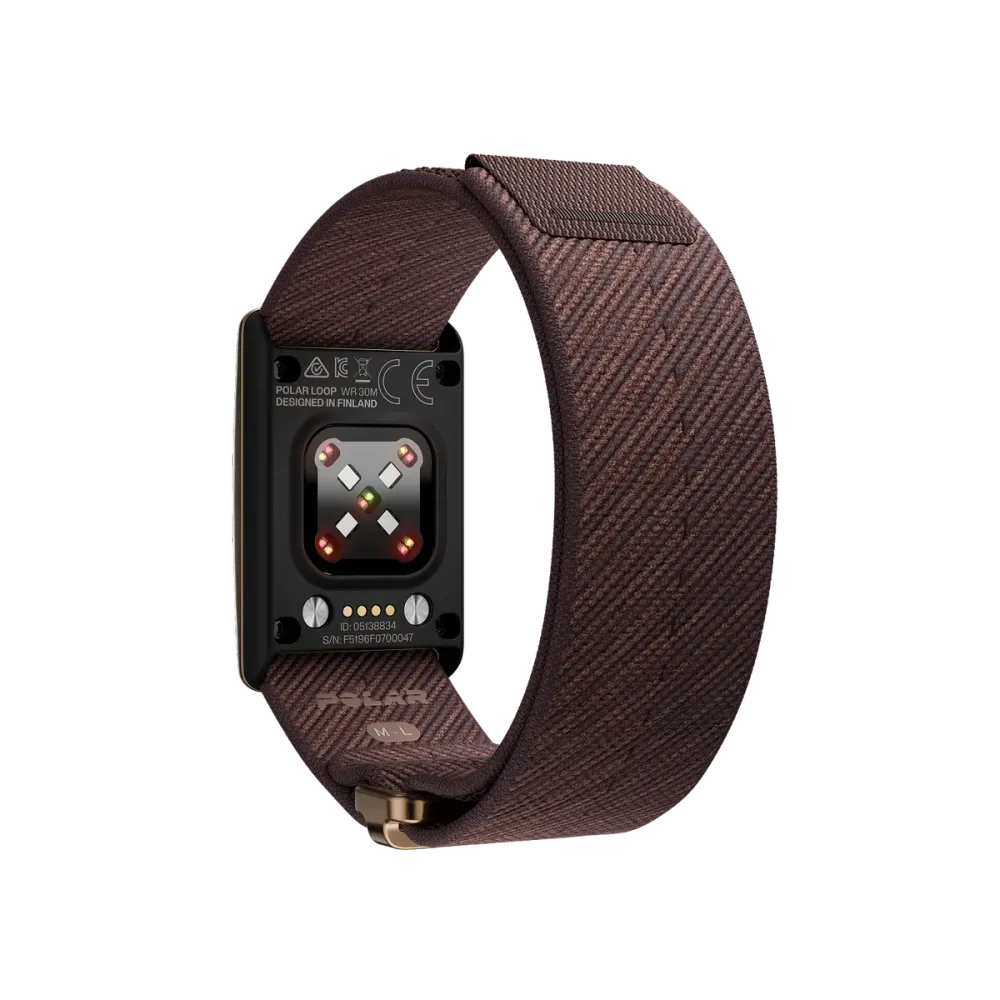 Correa de tela marrón con parte trasera negra de pulsera Polar Loop.