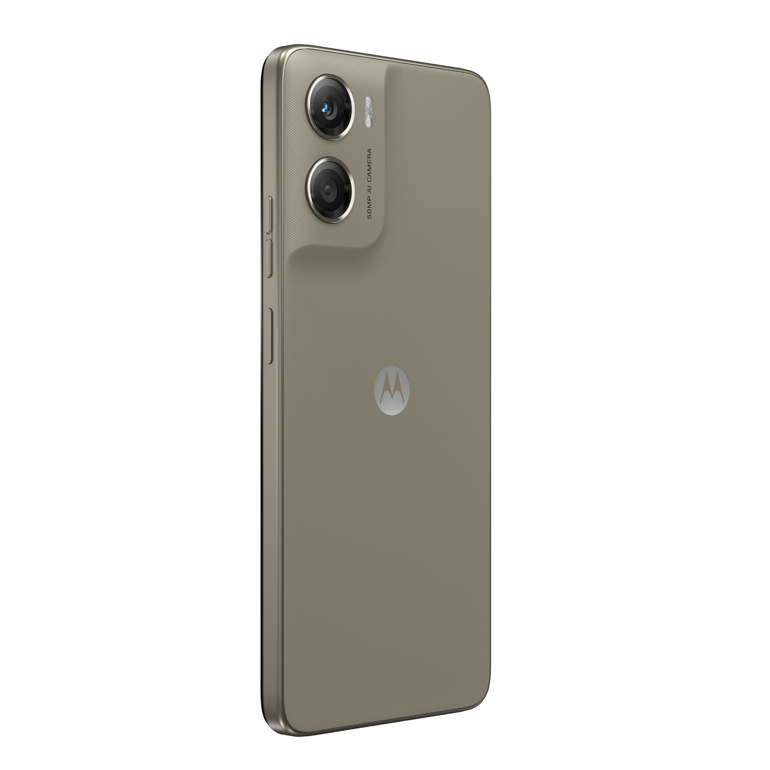 Parte trasera de un smartphone Motorola dorado con doble cámara y logo de Motorola.