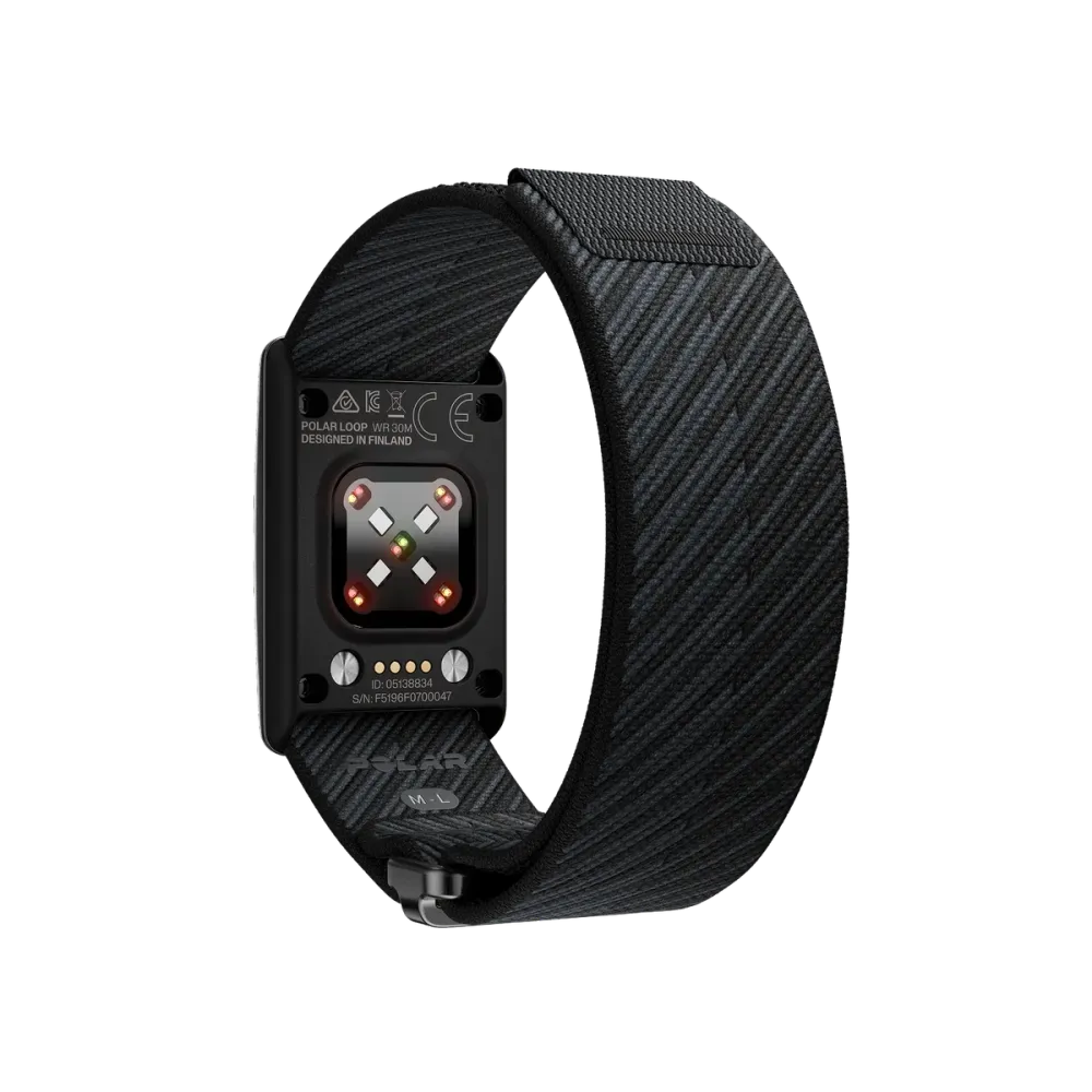 Parte posterior de un rastreador de fitness Polar Loop negro con sensores de FC.
