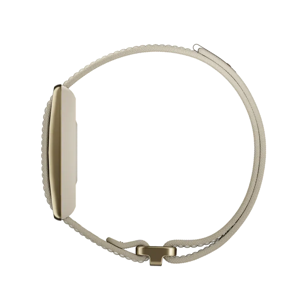 Una pulsera dorada de smartwatch con una caja delgada y rectangular.