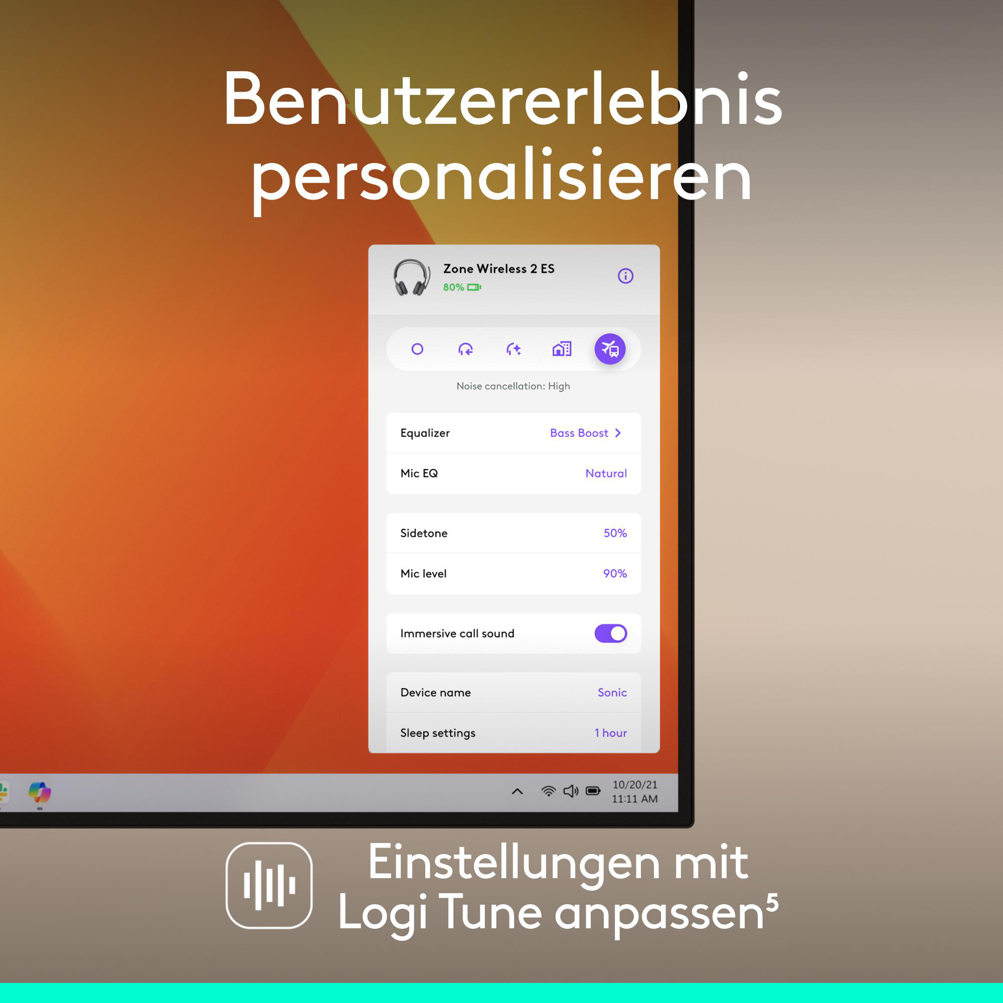 Logi Tune zeigt Kopfhörer-Einstellungen wie Equalizer und Lautstärke an.