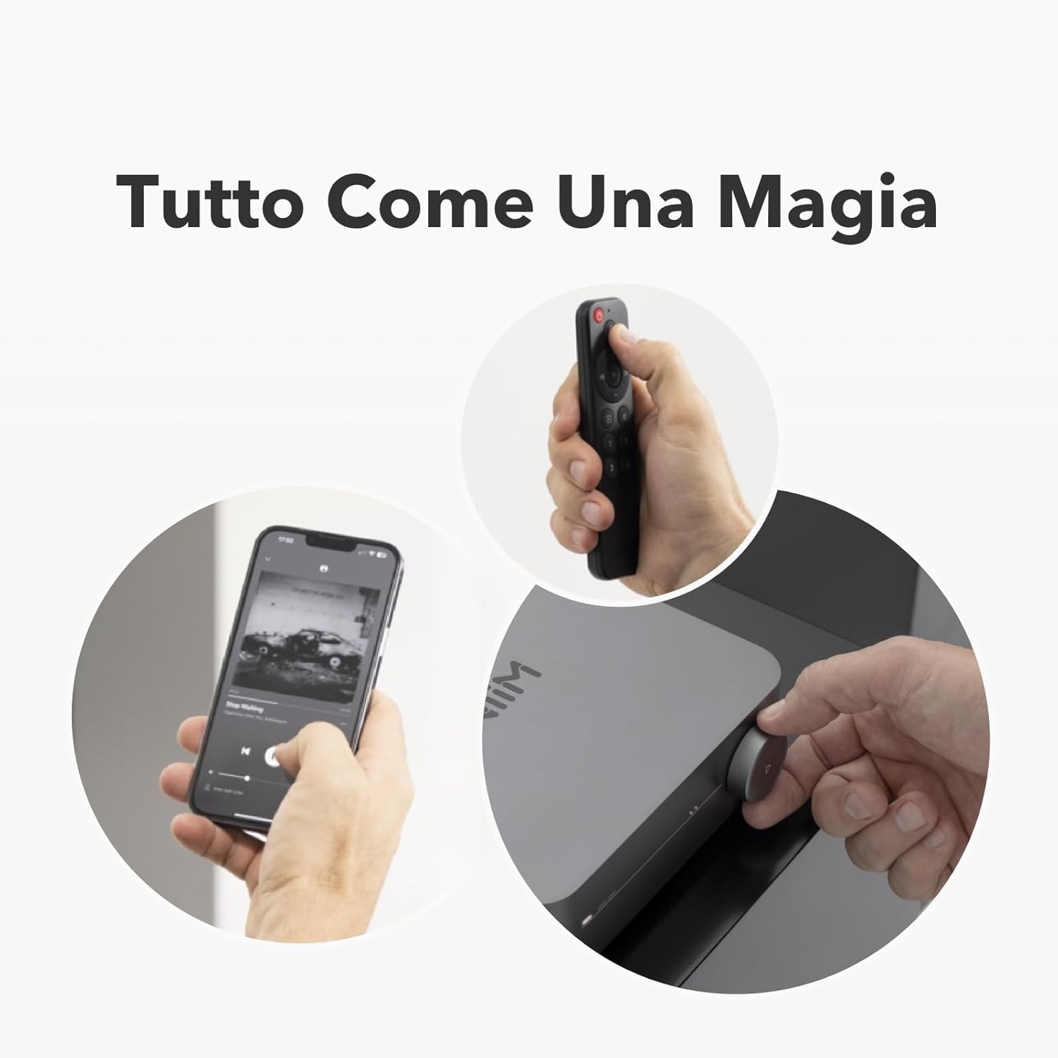 Un uomo usa uno smartphone, un telecomando e un dispositivo.