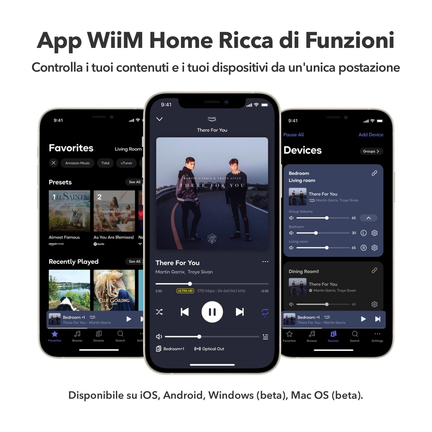 Tre smartphone mostrano l'app WiiM Home con musica e impostazioni dei dispositivi.