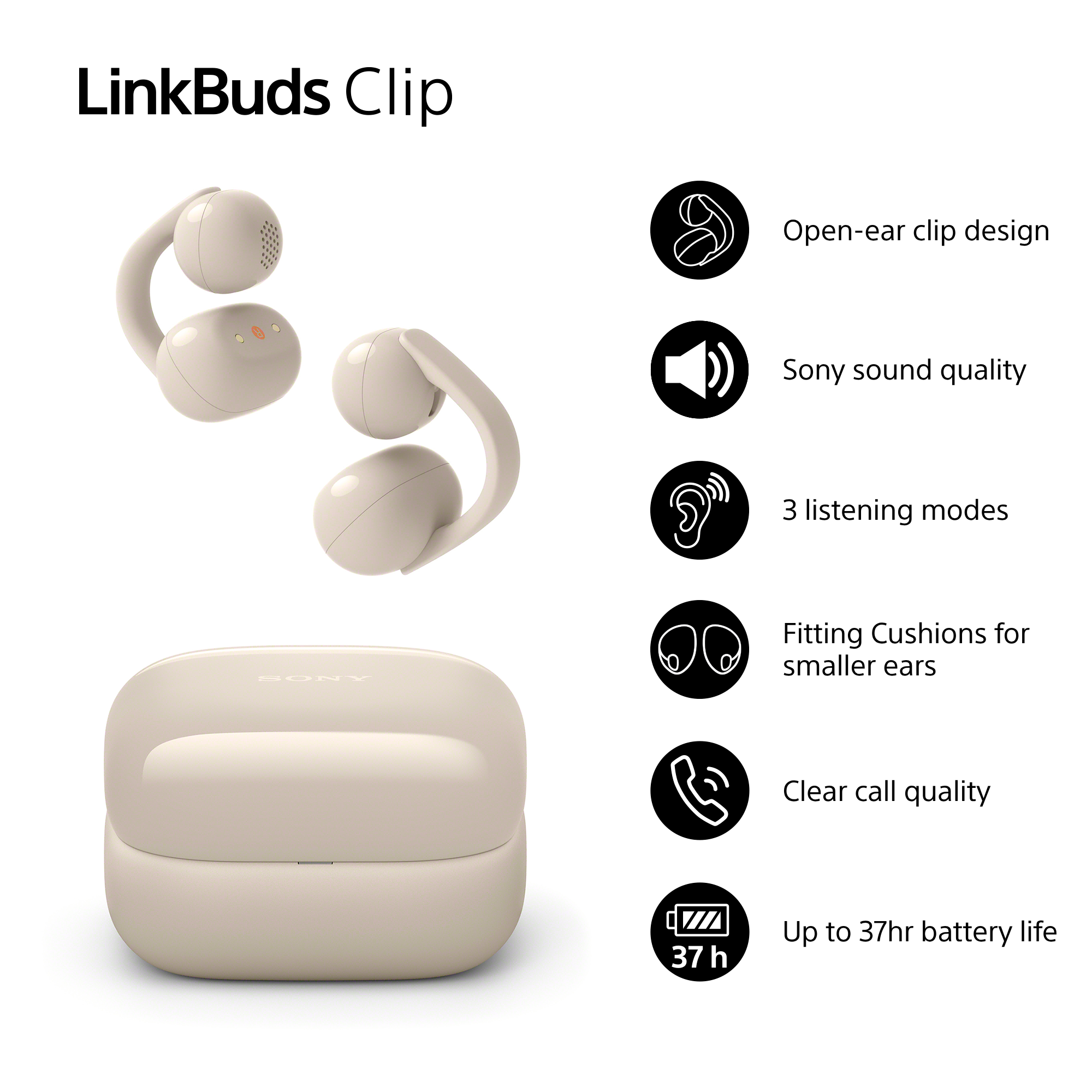LinkBuds Clip con custodia, design clip aperto, suono Sony, 3 modalità, 37 ore.