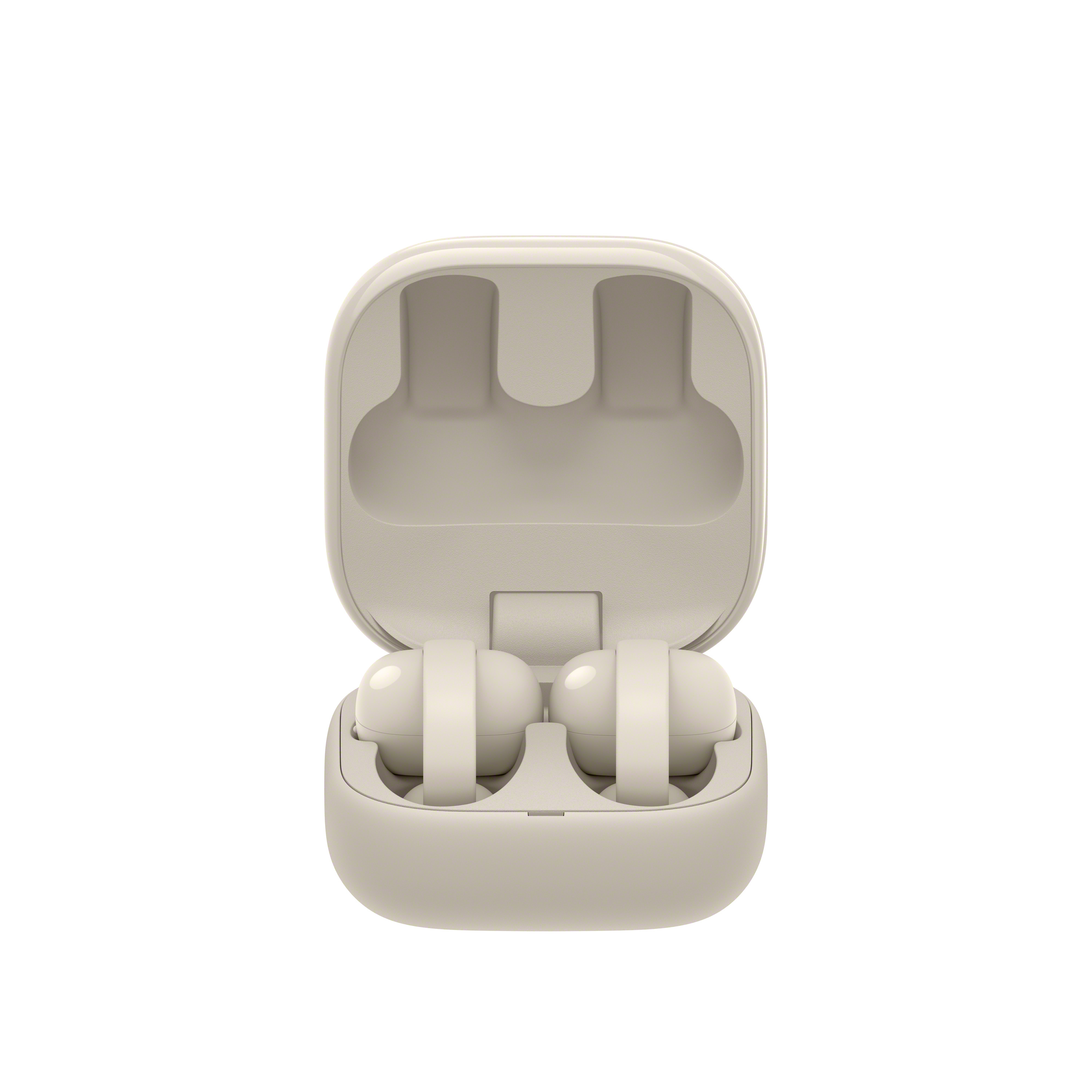 Auricolari beige dentro un case di ricarica aperto.