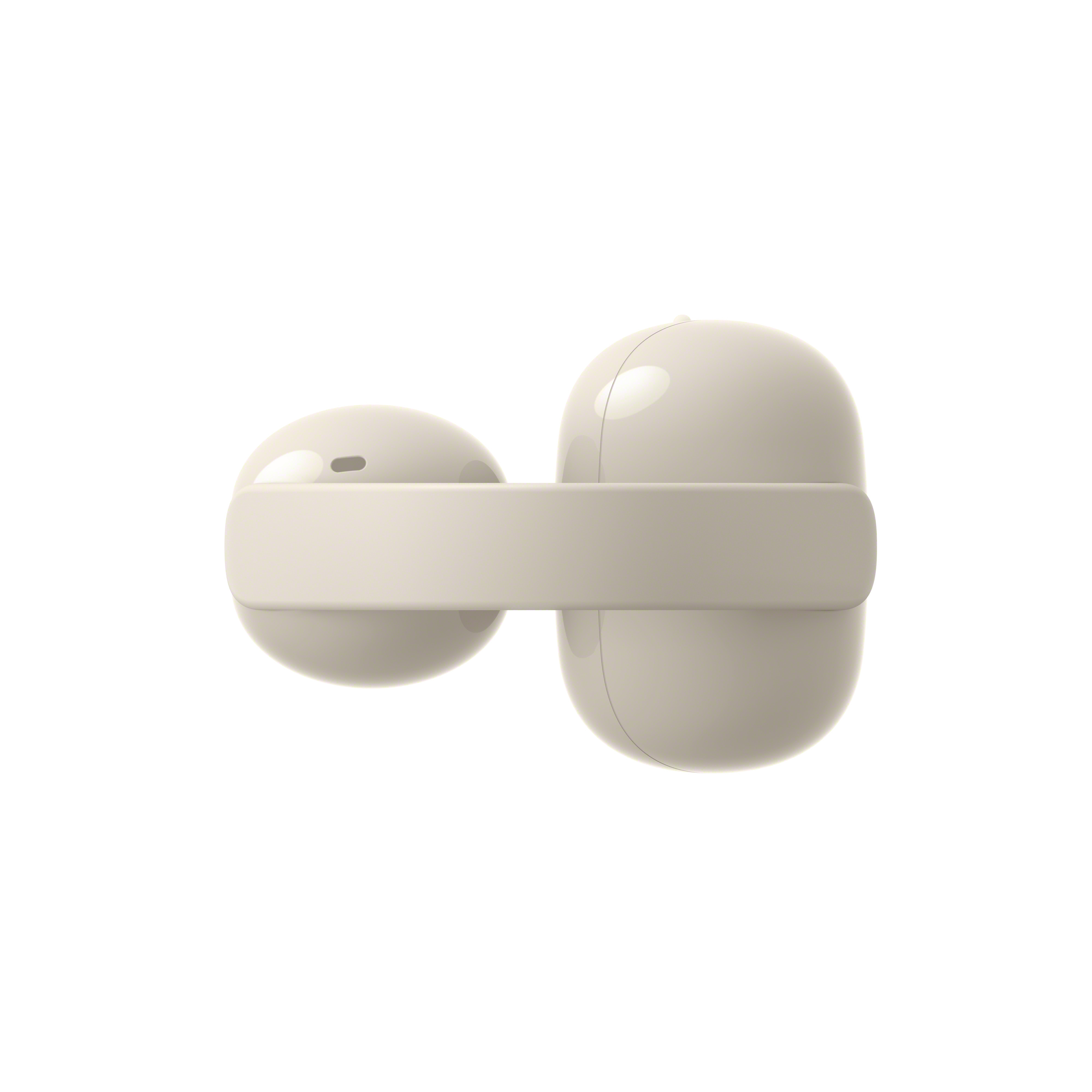 Un paio di auricolari wireless color crema collegati da una fascia.