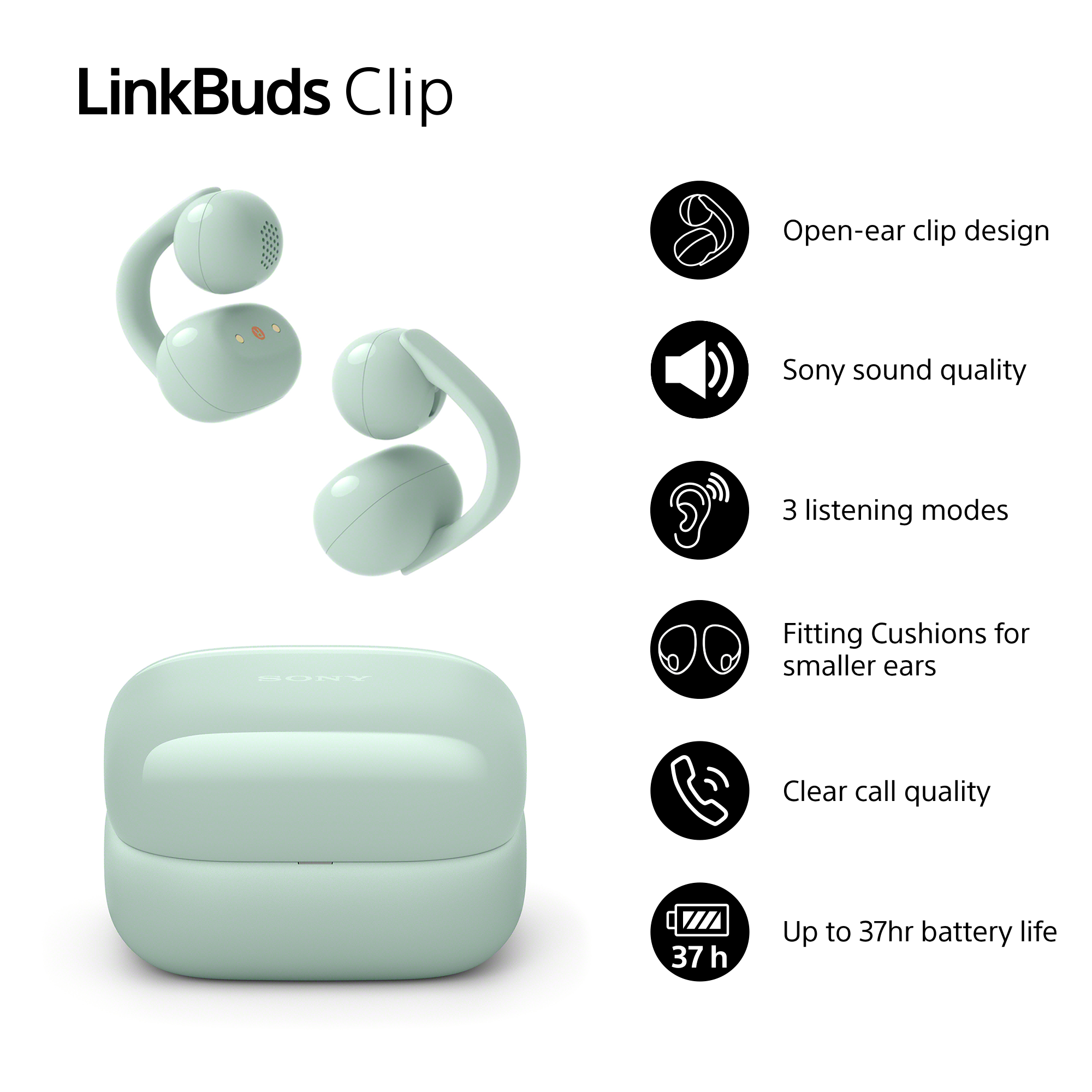 LinkBuds Clip avec design ouvert et étui de chargement. Fonctionnalités : son, modes, coussinets, appels, batterie.