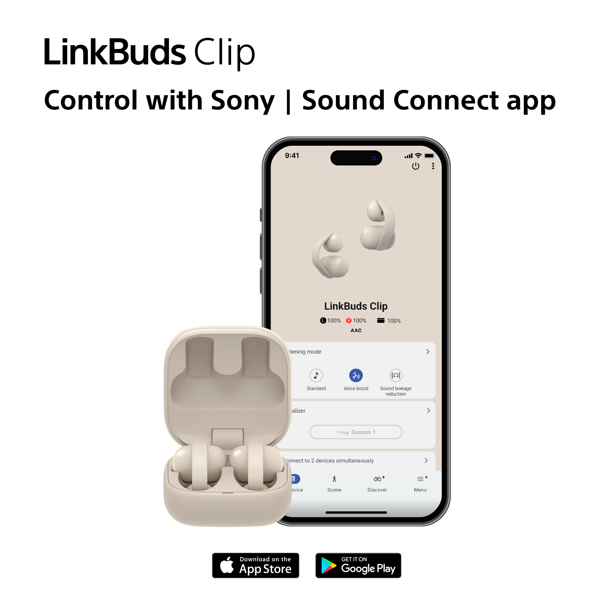 Écouteurs LinkBuds Clip et application sur smartphone. Beige.