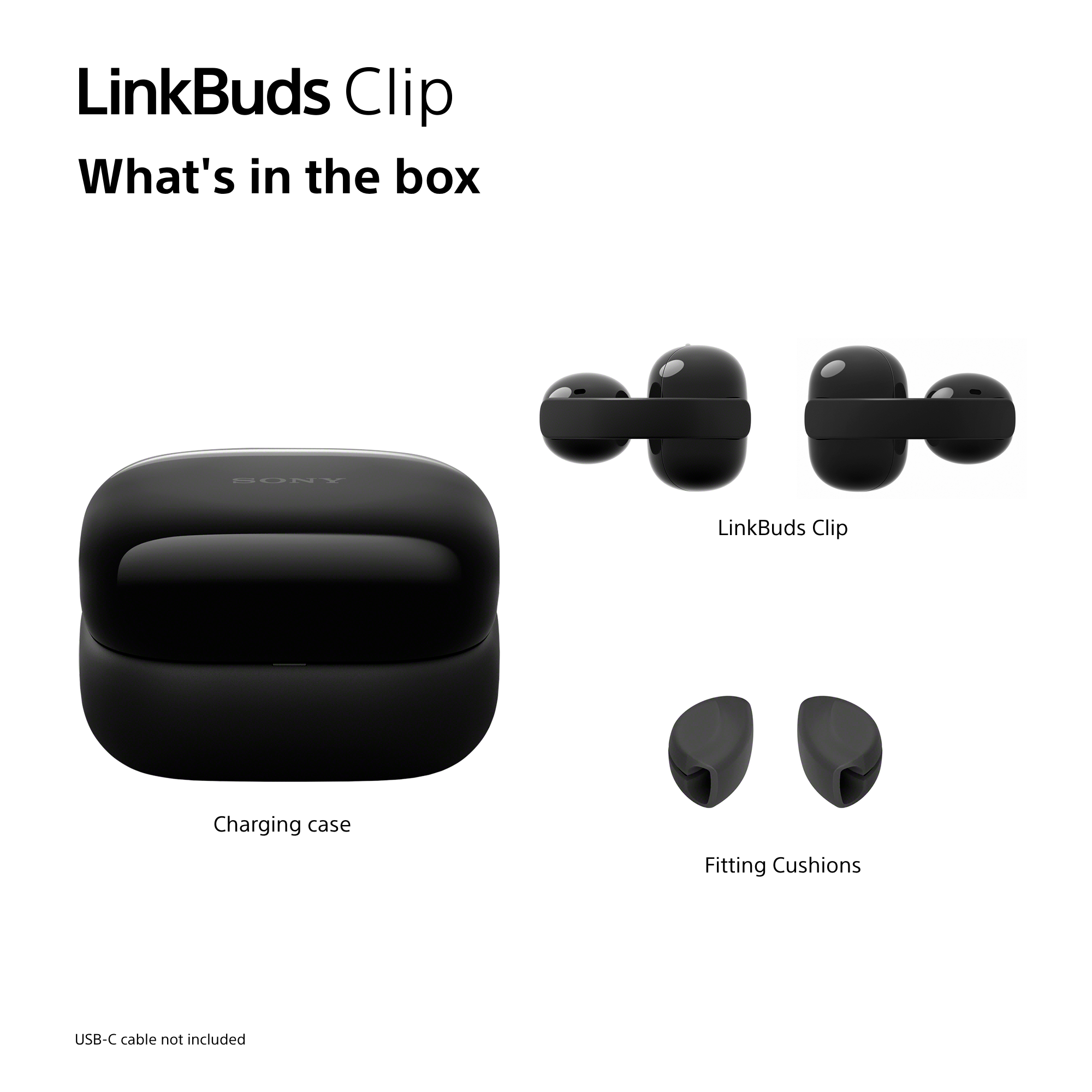 Écouteurs Sony LinkBuds Clip noirs, étui de chargement et coussinets.