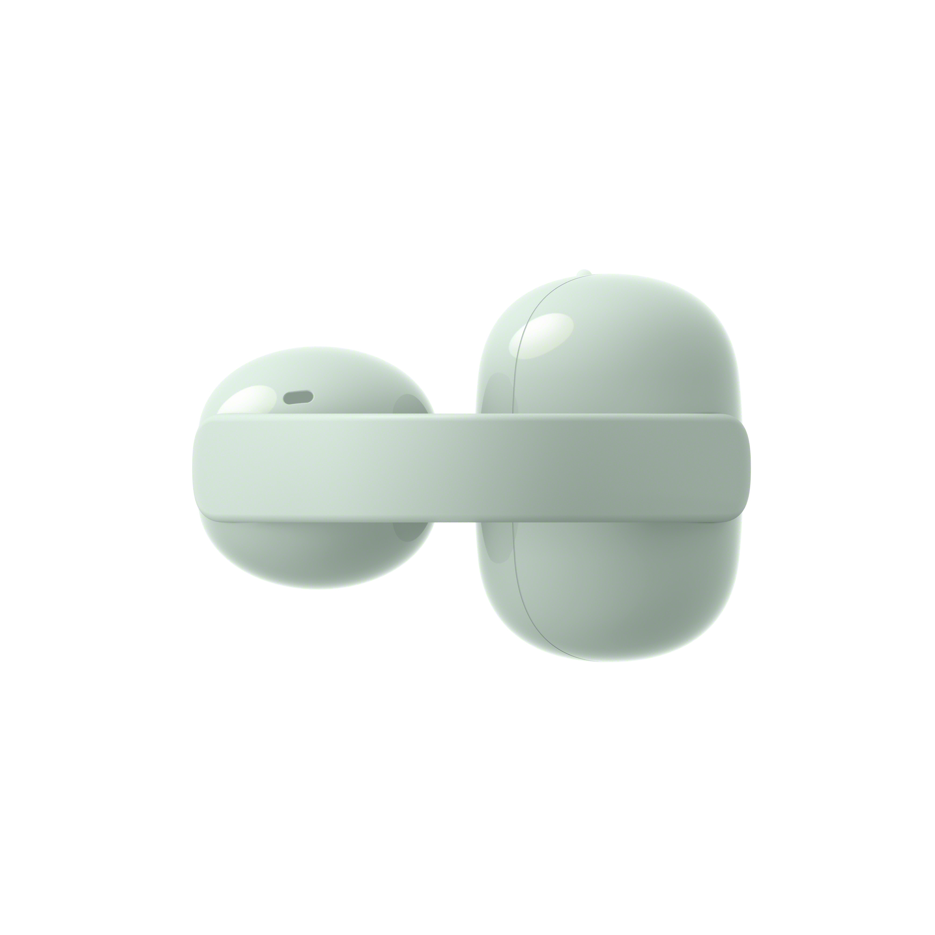 Deux écouteurs ovales vert clair reliés par une sangle plate.
