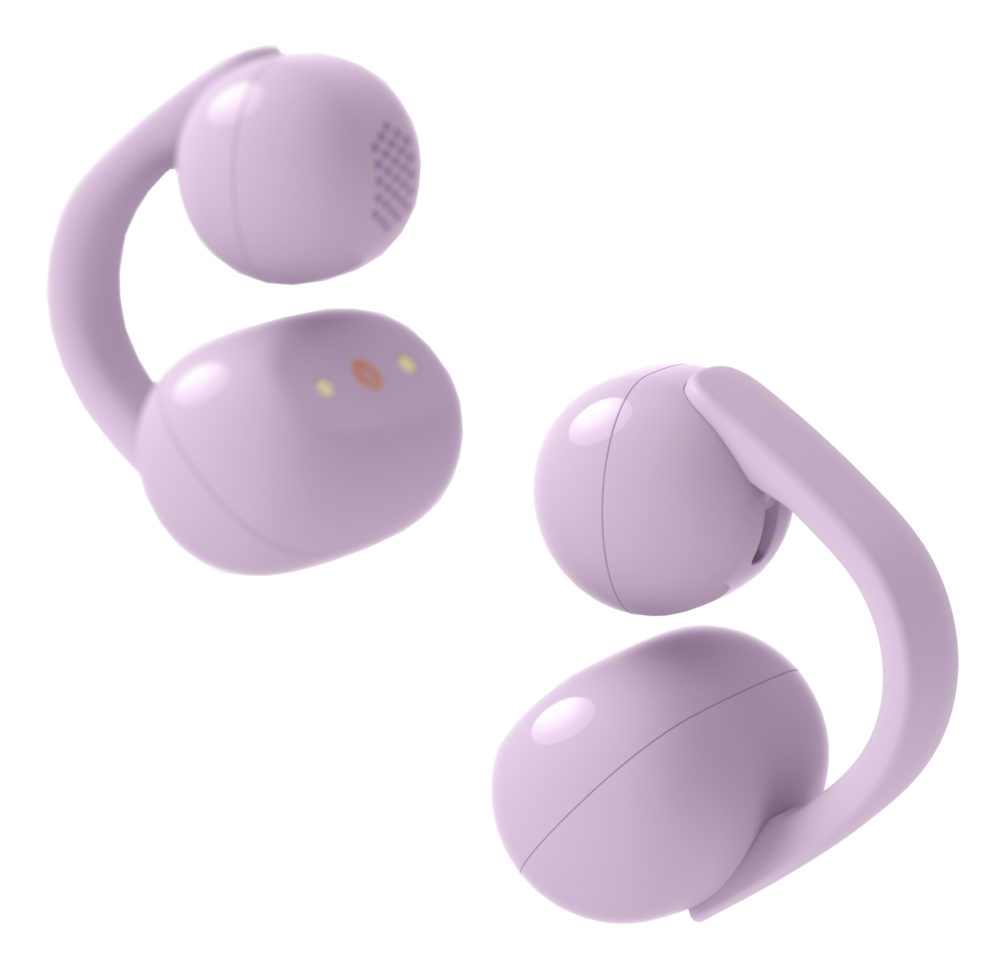 Due auricolari lavanda con ganci per l'orecchio su sfondo nero.