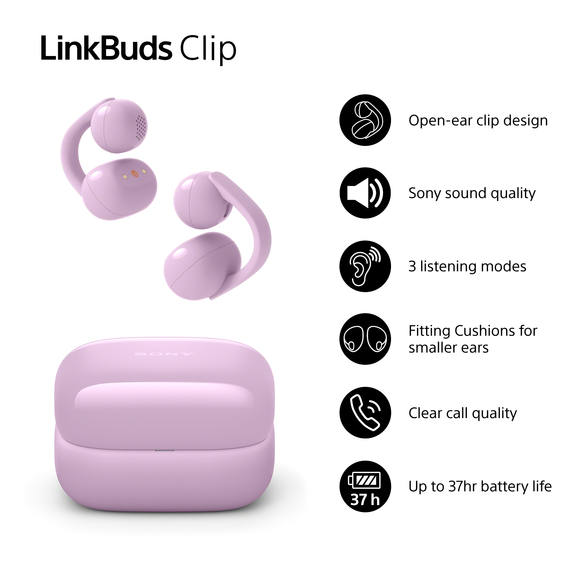 Auricolari e custodia di ricarica Sony LinkBuds Clip lavanda con funzioni.