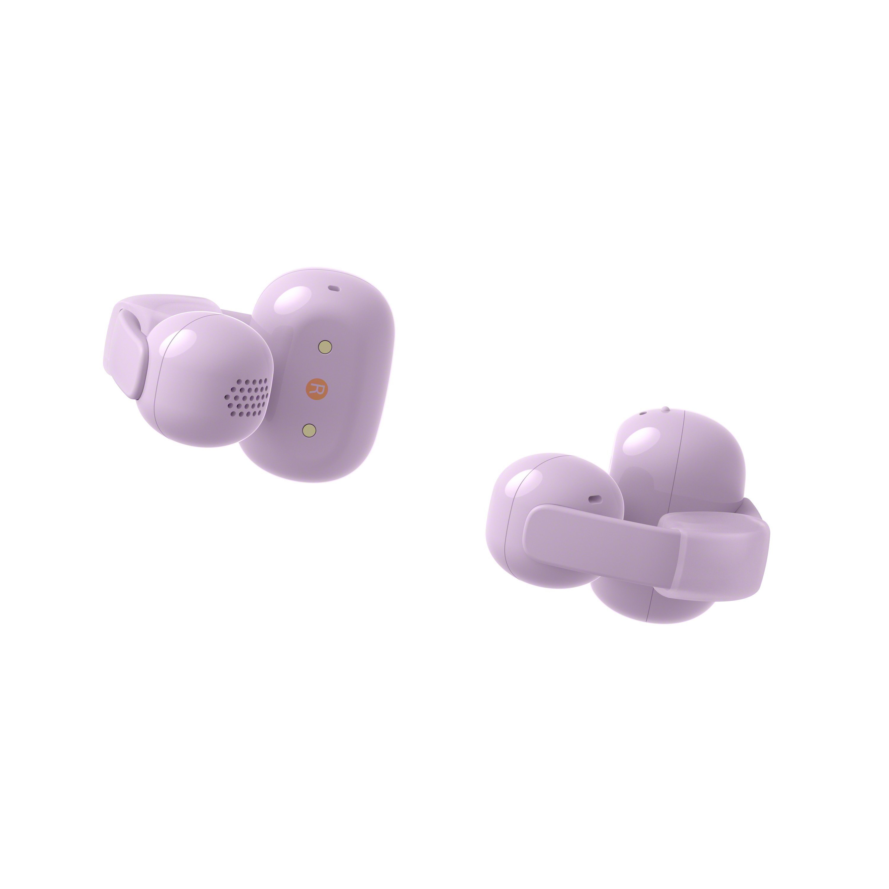 Due auricolari wireless lavanda su sfondo bianco.