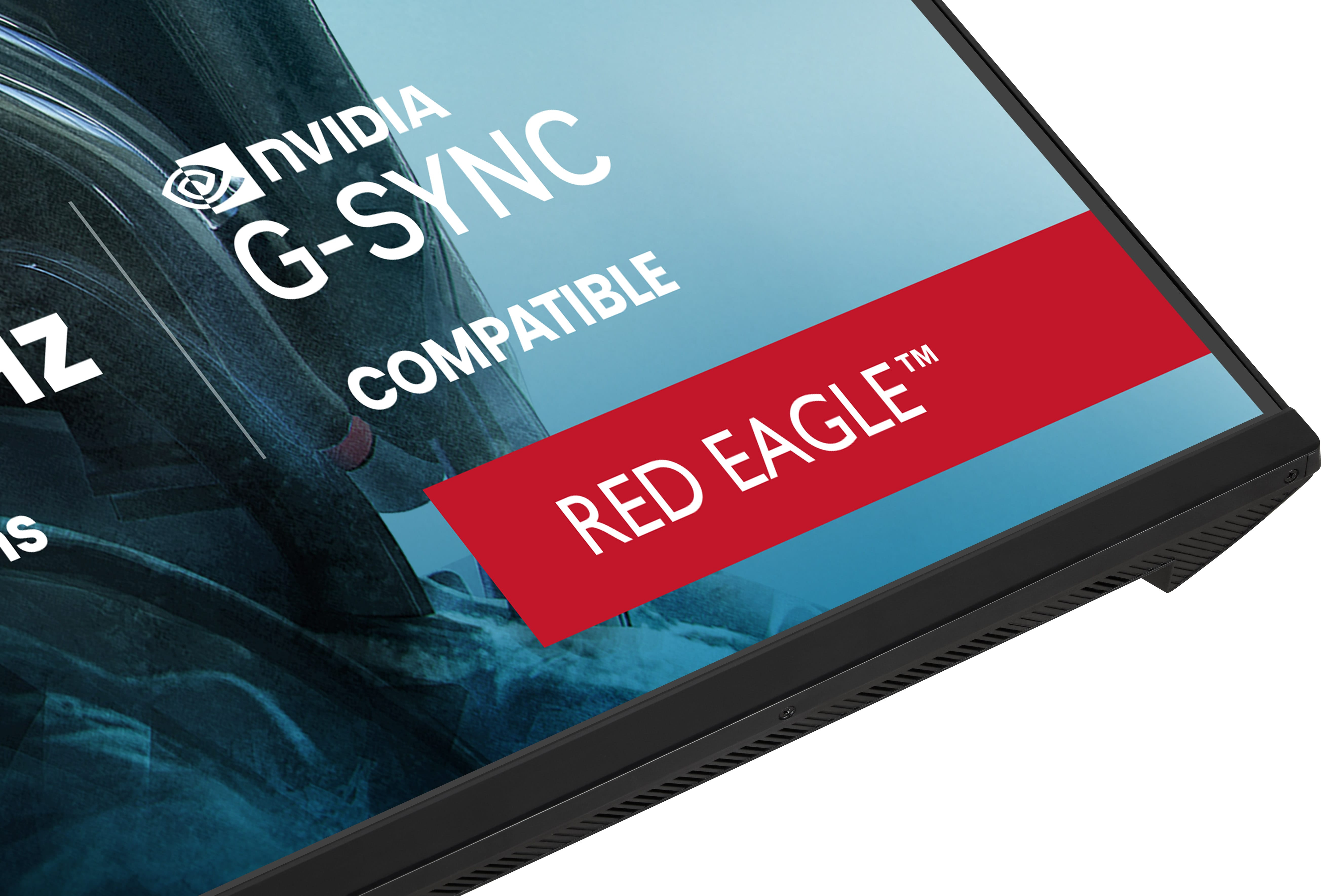 Zbliżenie ekranu monitora wyświetlającego „NVIDIA G-SYNC COMPATIBLE” i czerwony pasek z napisem „RED EAGLE TM”.