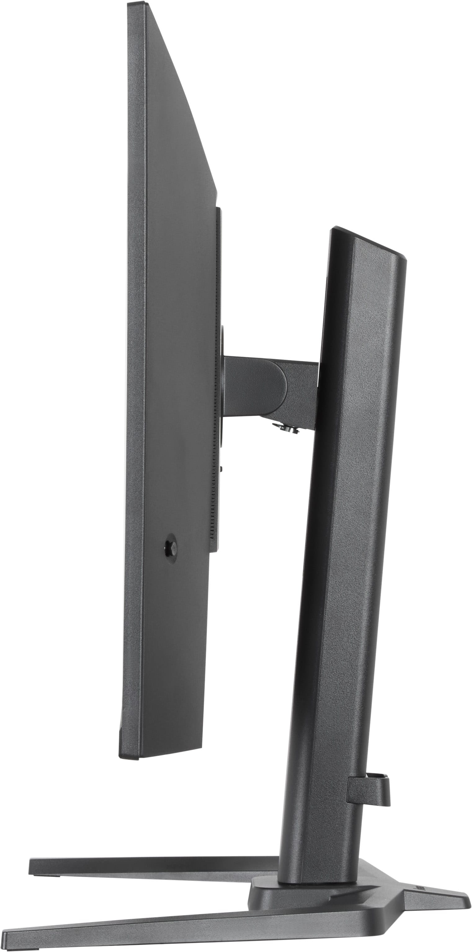 Czarny monitor komputerowy jest pokazany z boku, z grubą podstawą i stopą. Ekran jest lekko odchylony.