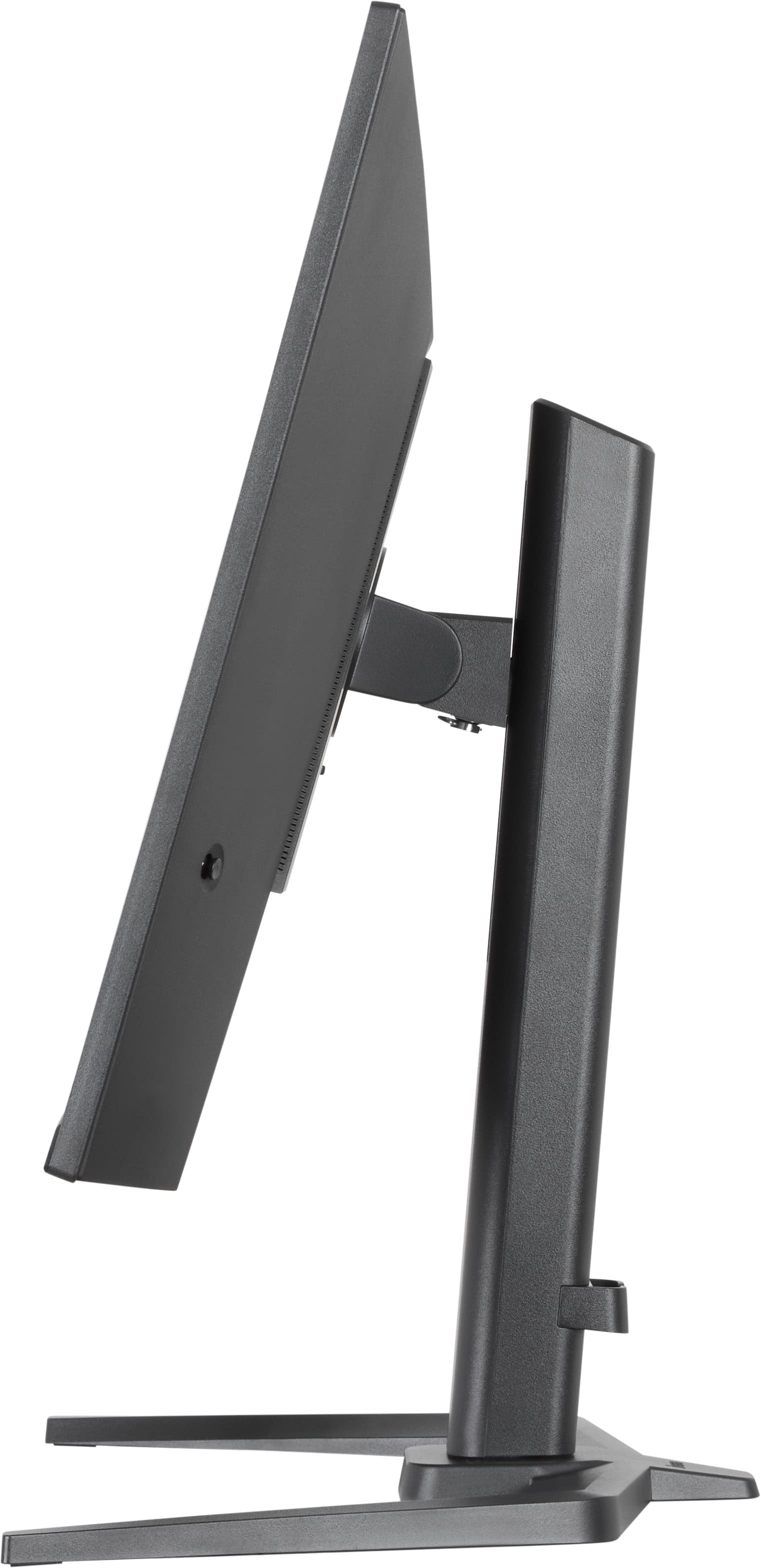 Czarny monitor komputerowy na stojaku, widziany z boku.