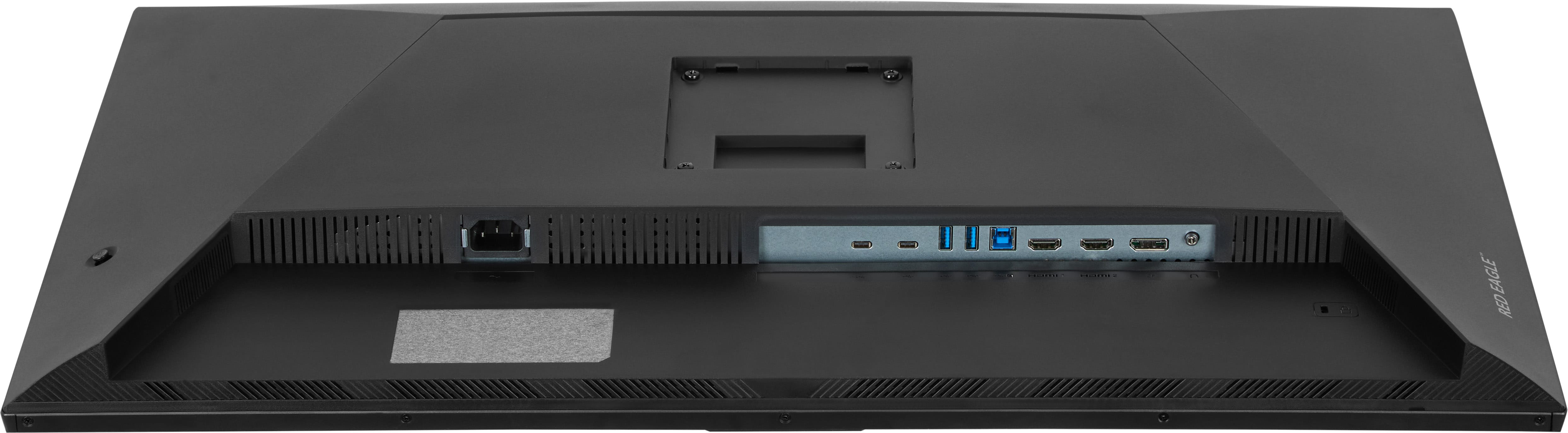 Tył czarnego monitora z portami: zasilanie, USB-C, USB-A, HDMI.