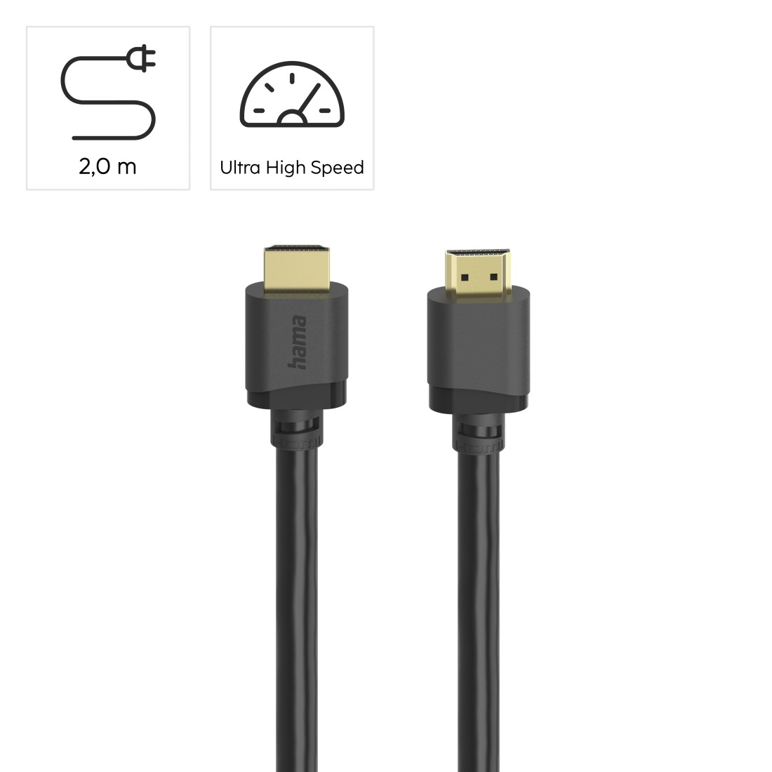 Zwei schwarze HDMI-Kabel mit goldenen Steckern. "hama" ist auf einem Stecker.