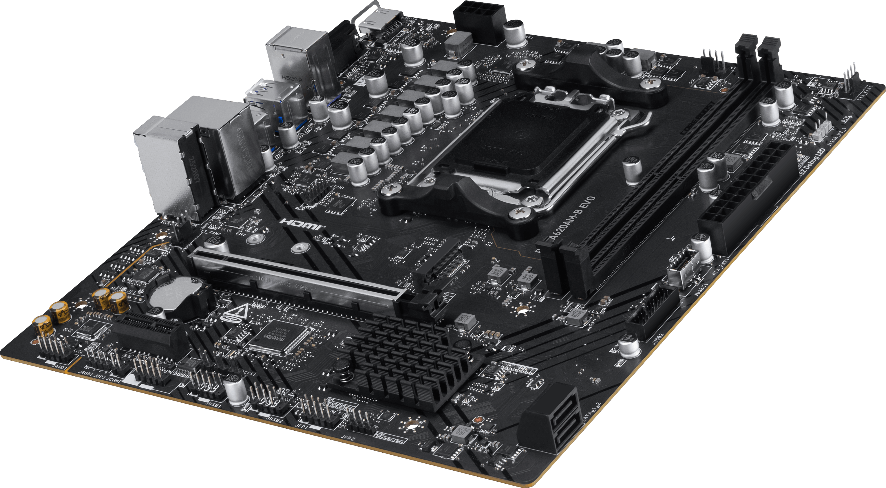 CPU soketi, RAM yuvaları ve konektörleri olan siyah anakart.