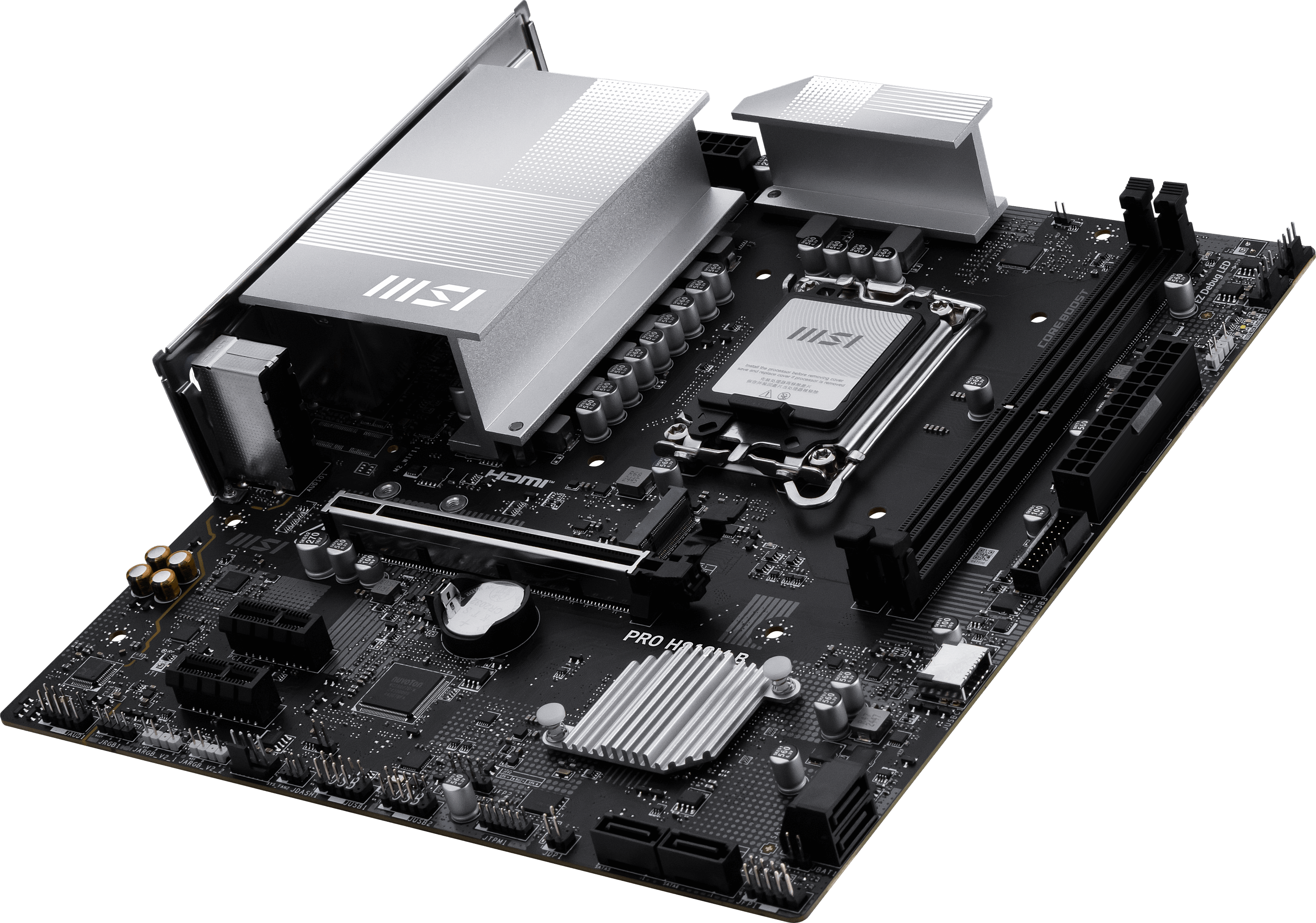 Gümüş soğutuculara ve CPU yuvasına sahip siyah bir MSI anakart.
