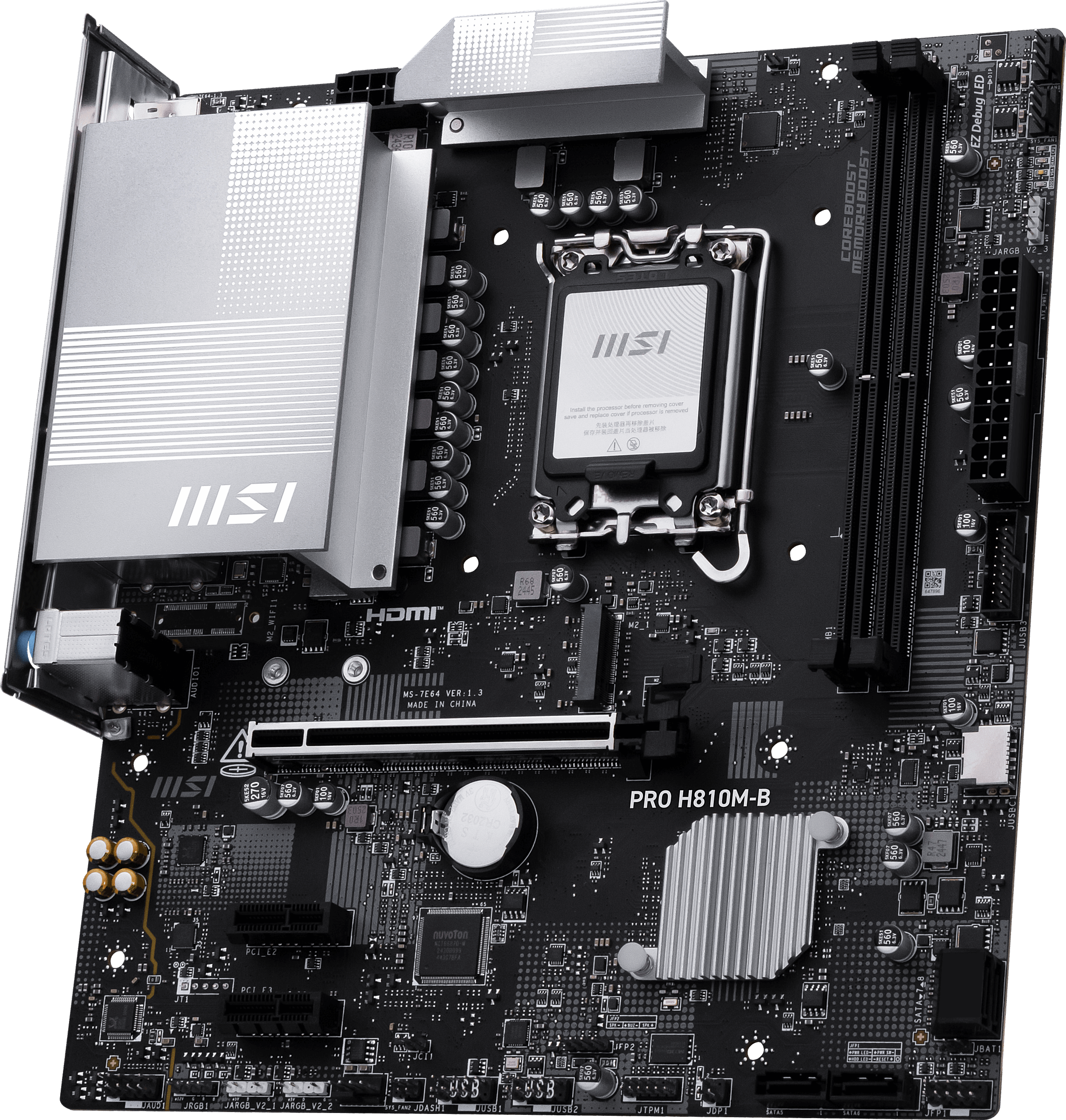 MSI PRO H810M-B anakart, CPU soketi, RAM yuvaları ve konektörler.