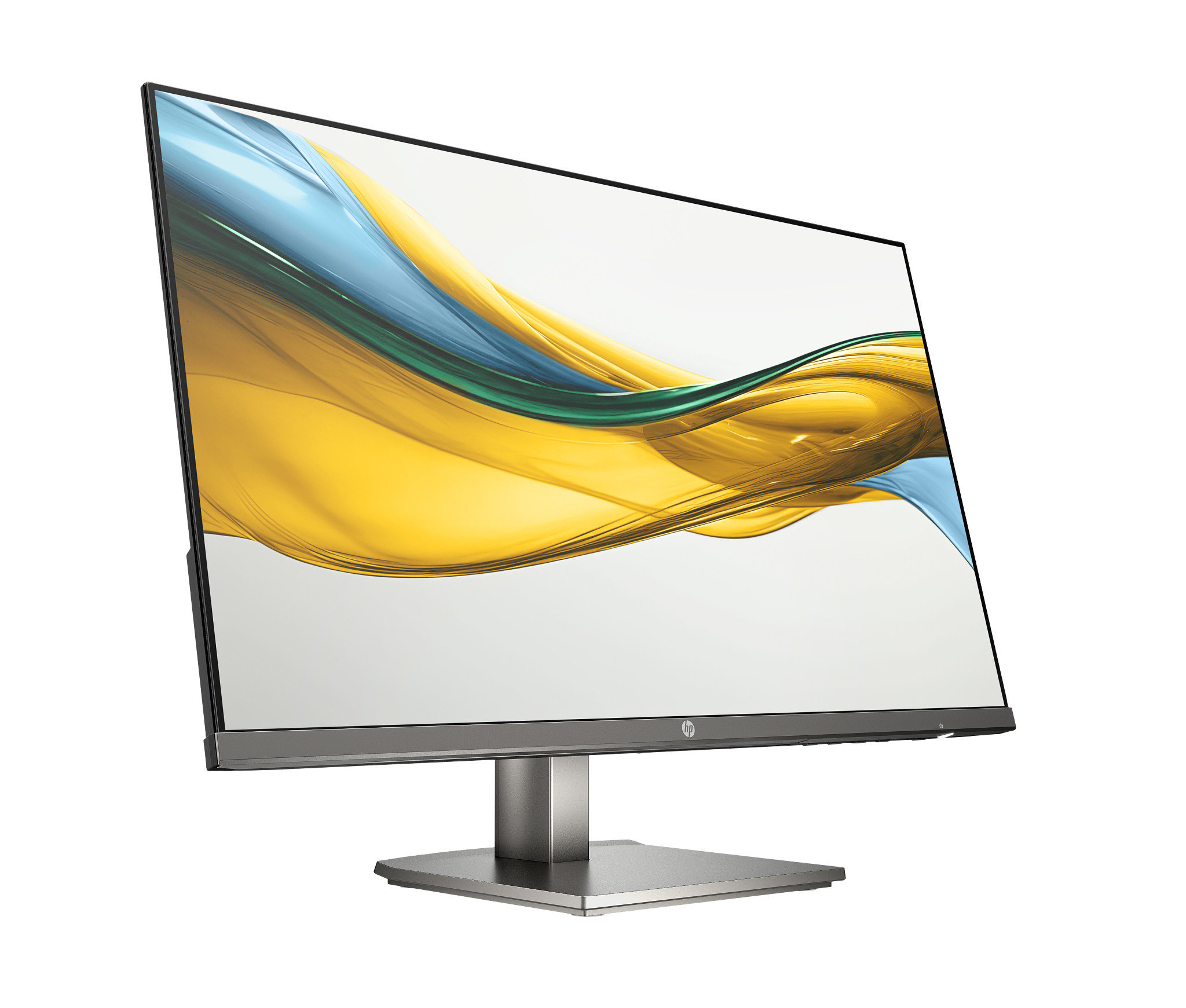 Ein HP-Monitor mit einem abstrakten gelben, blauen und grünen Muster auf dem Bildschirm.