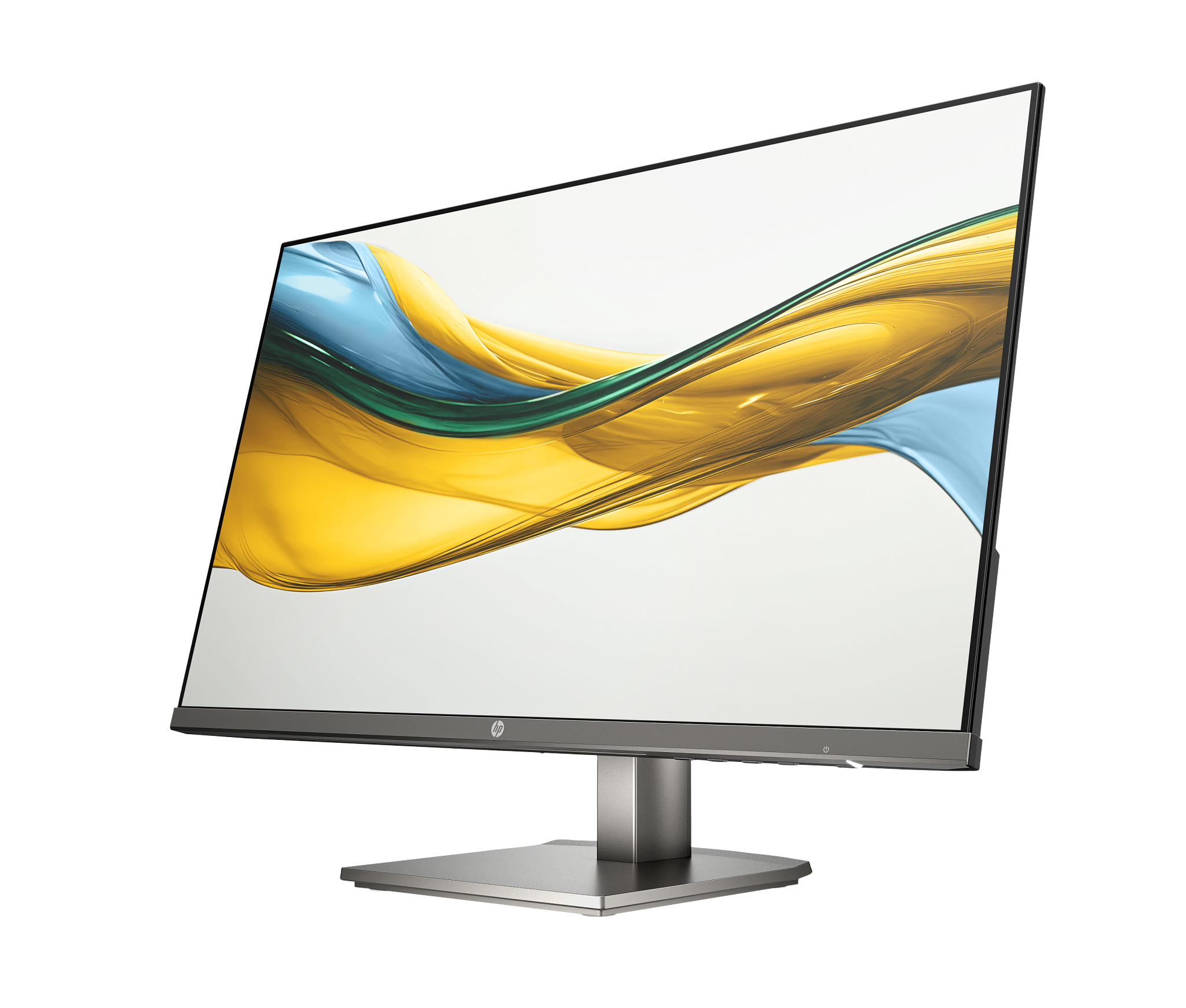 Ein moderner Computermonitor mit einem abstrakten gelben, blauen und grünen Muster auf dem Bildschirm.