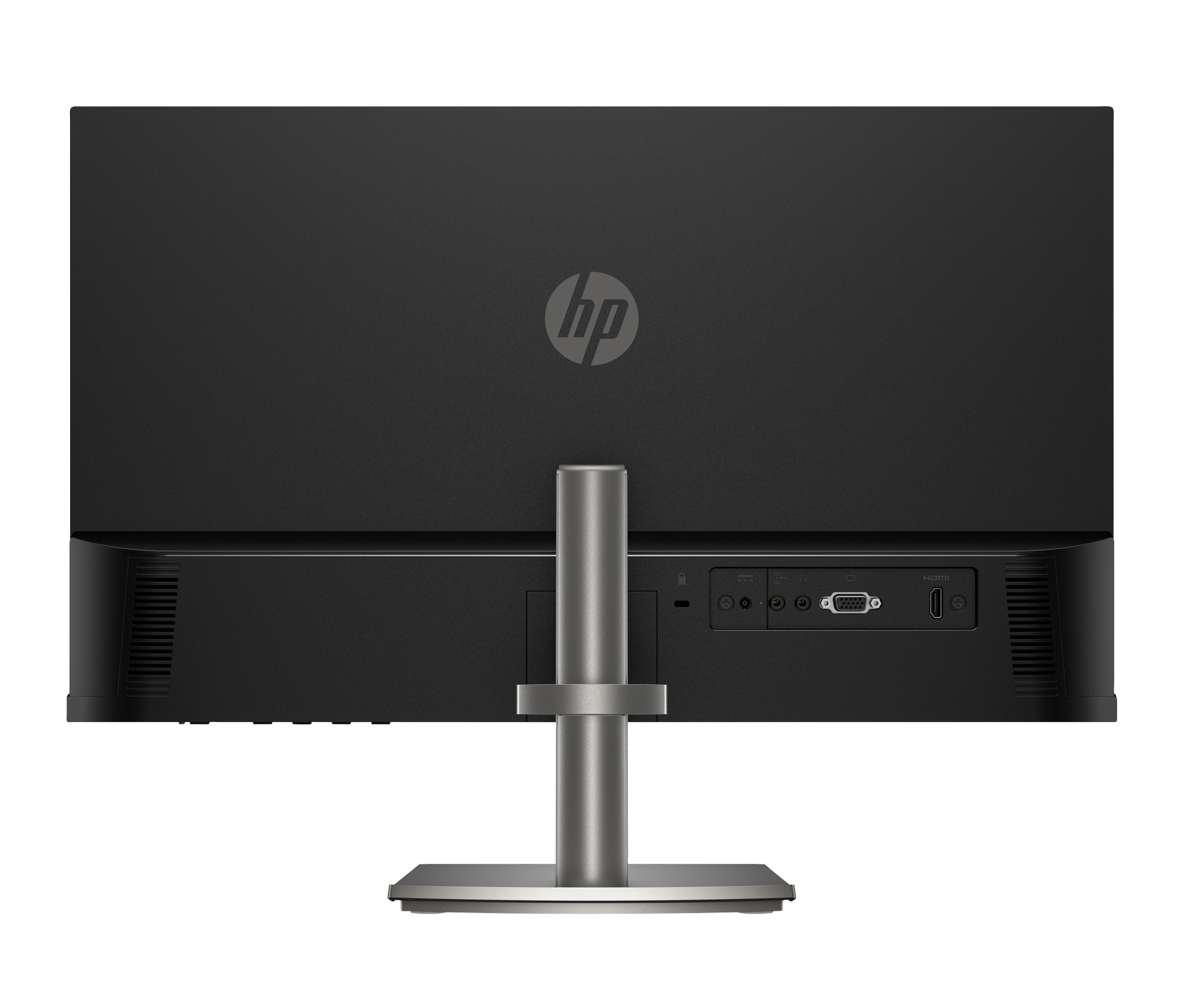 Rückseite eines schwarzen Monitors mit HP-Logo und Anschlüssen.