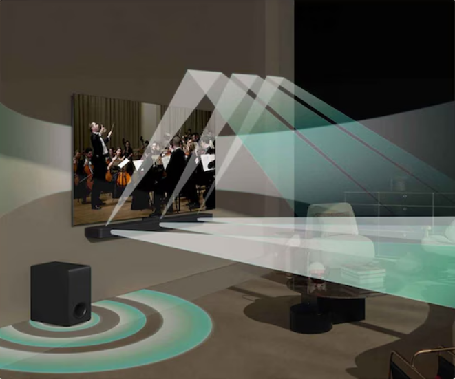 Bir ses çubuğu ve subwoofer, ekrandaki bir orkestra için ses ışınları oluşturur.