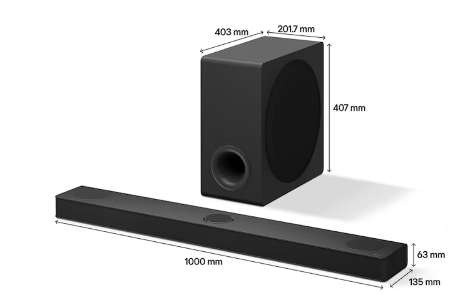 Boyutları belirtilmiş siyah ses çubuğu ve subwoofer.