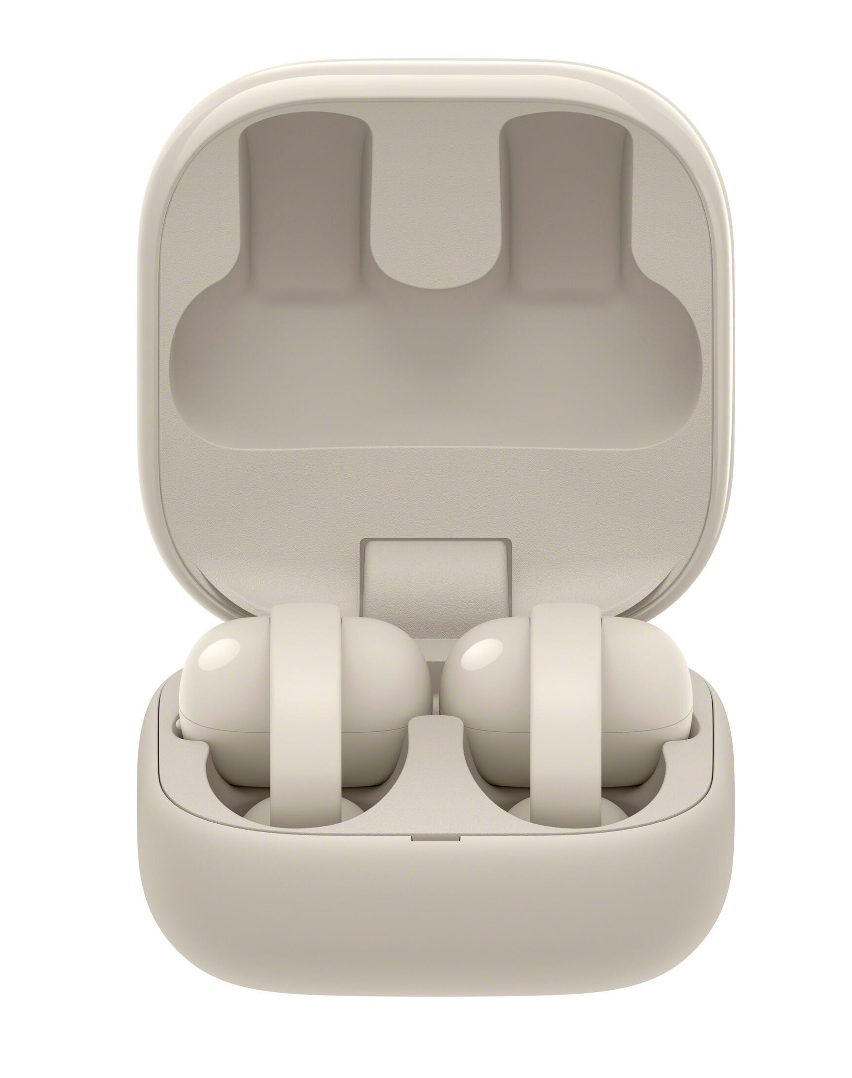 Jasnobrązowa ładowarka z dwoma słuchawkami w środku.