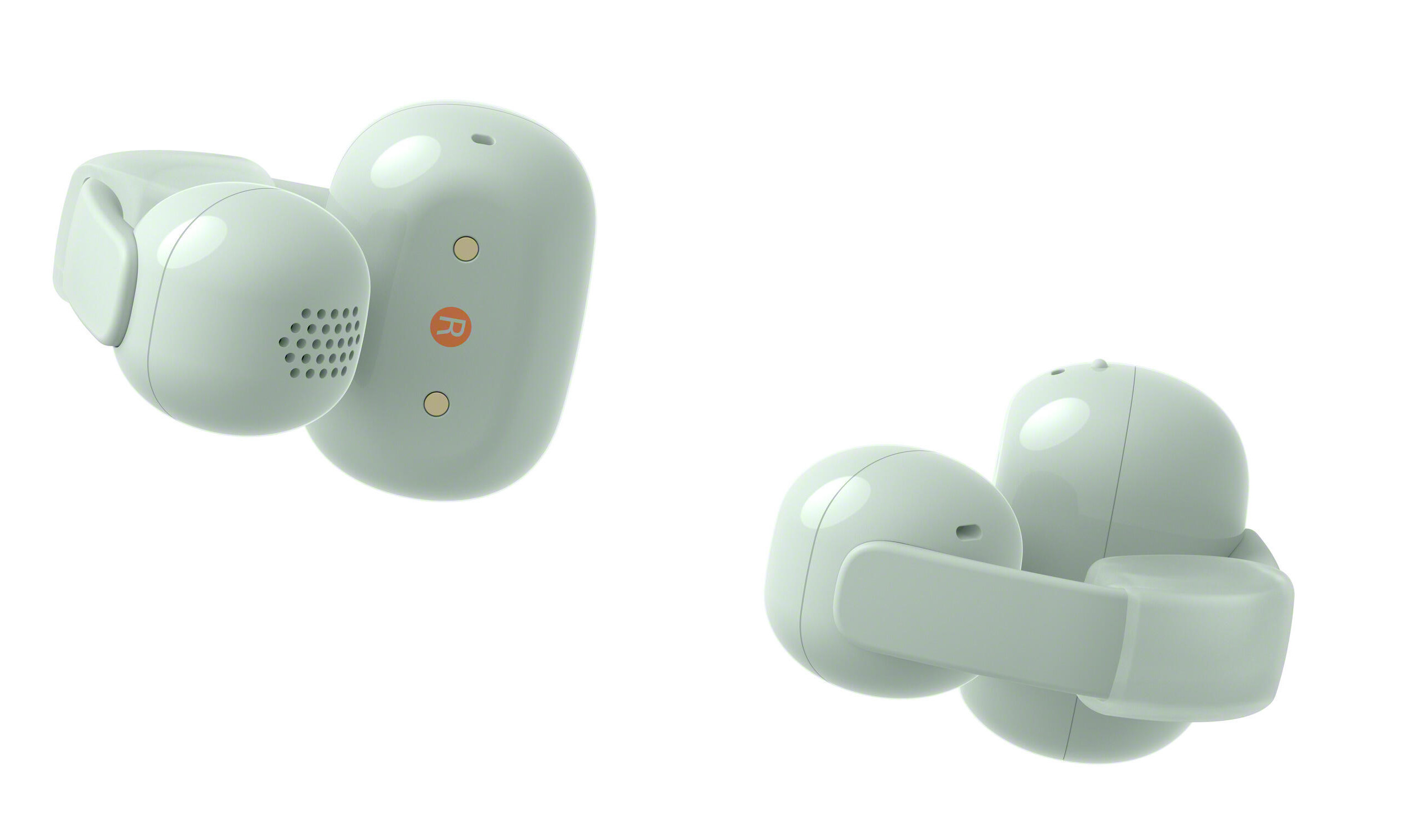 Dwa białe słuchawki, prawa ma pomarańczowe logo R.